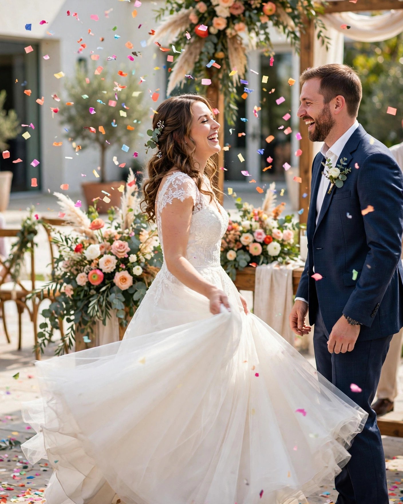 Joyful bride twirling in gown at altar as colorful confetti falls