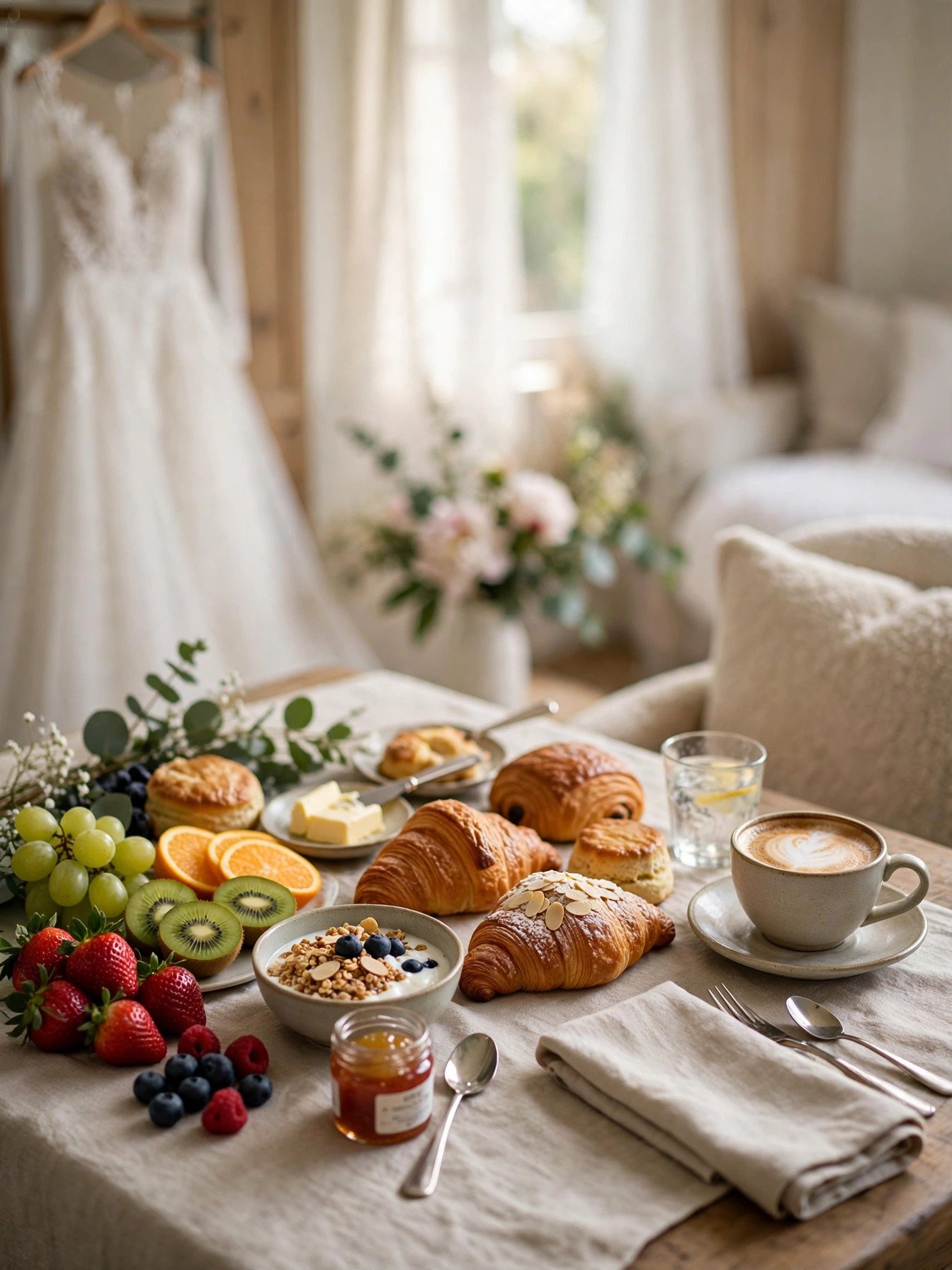 Beautiful wedding morning breakfast spread with fruit pastries and coffee in bridal suite