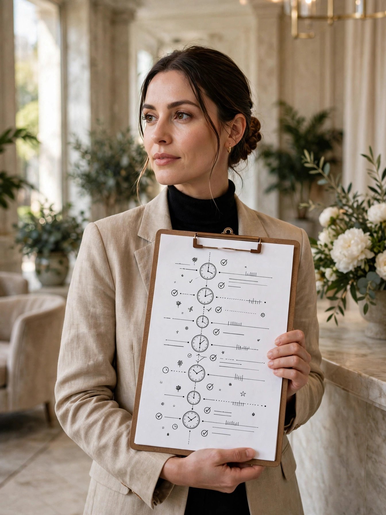 Wedding planner holding a detailed wedding day timeline clipboard with a clock
