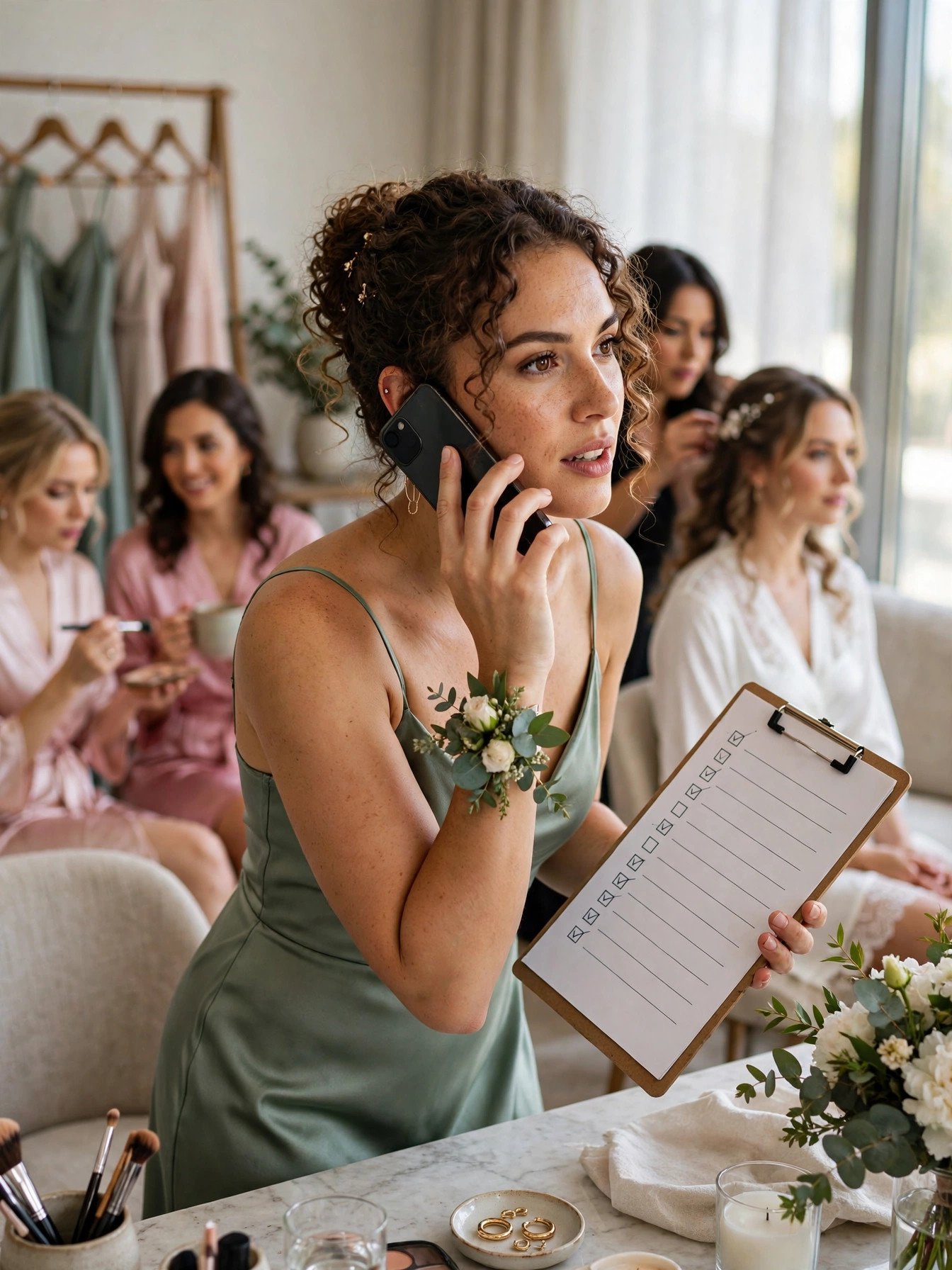 Maid of honor confidently coordinating bridal party with phone and checklist