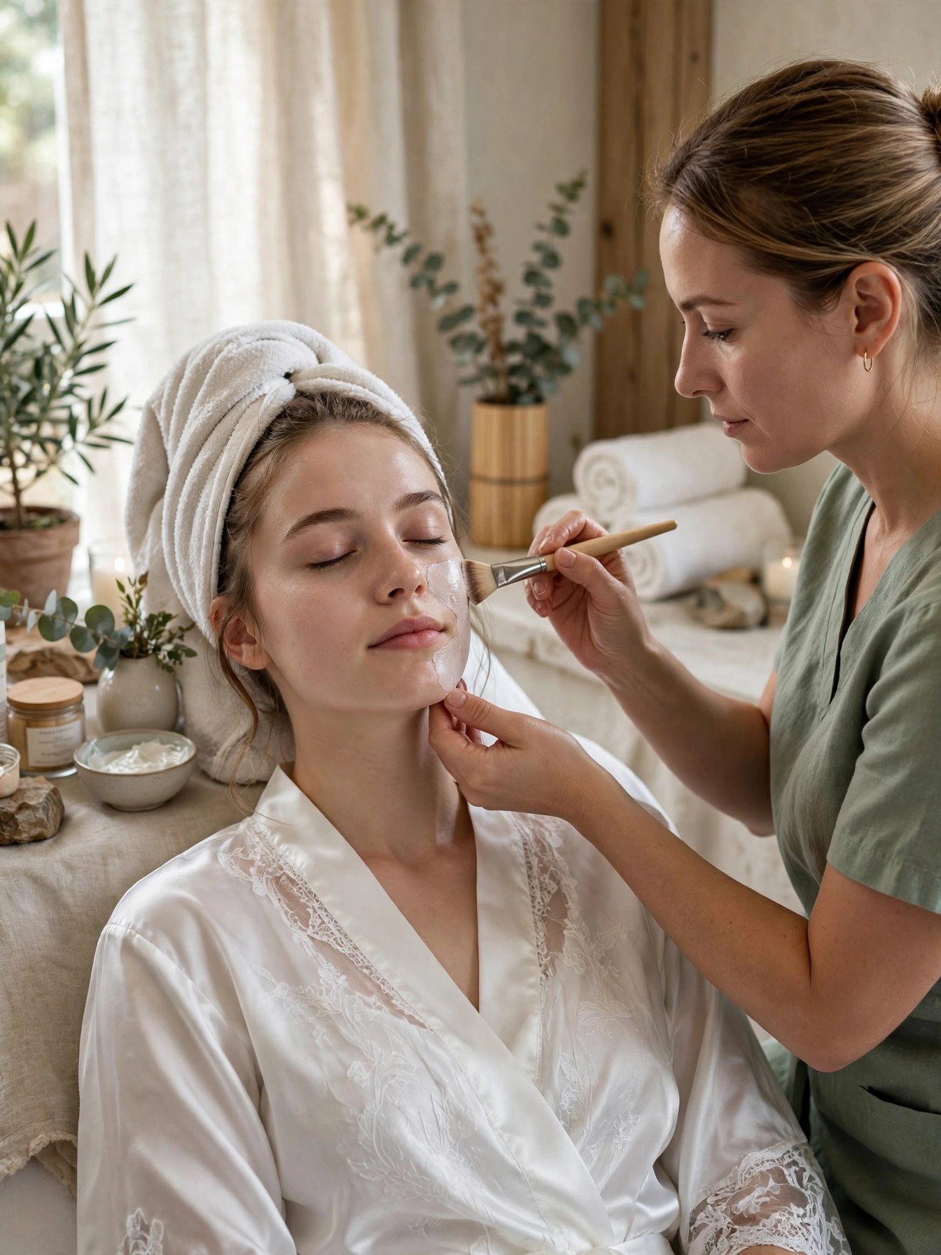 Bride receiving a gentle facial treatment at a spa before her wedding