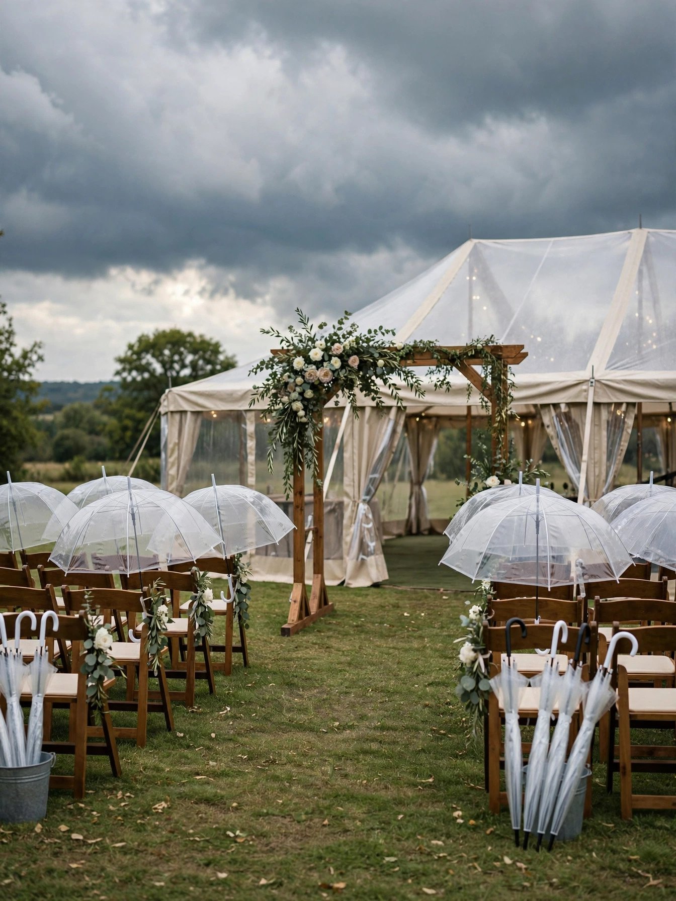 Outdoor wedding ceremony setup under cloudy sky with clear umbrellas and backup tent