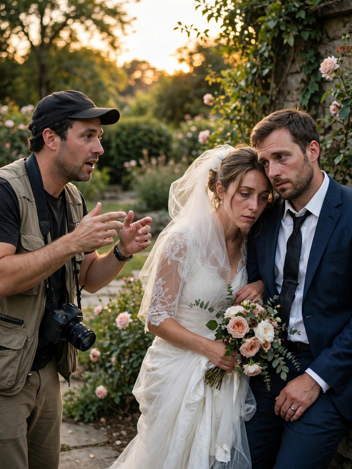Wedding photographer directing bride and groom during a long golden hour portrait session