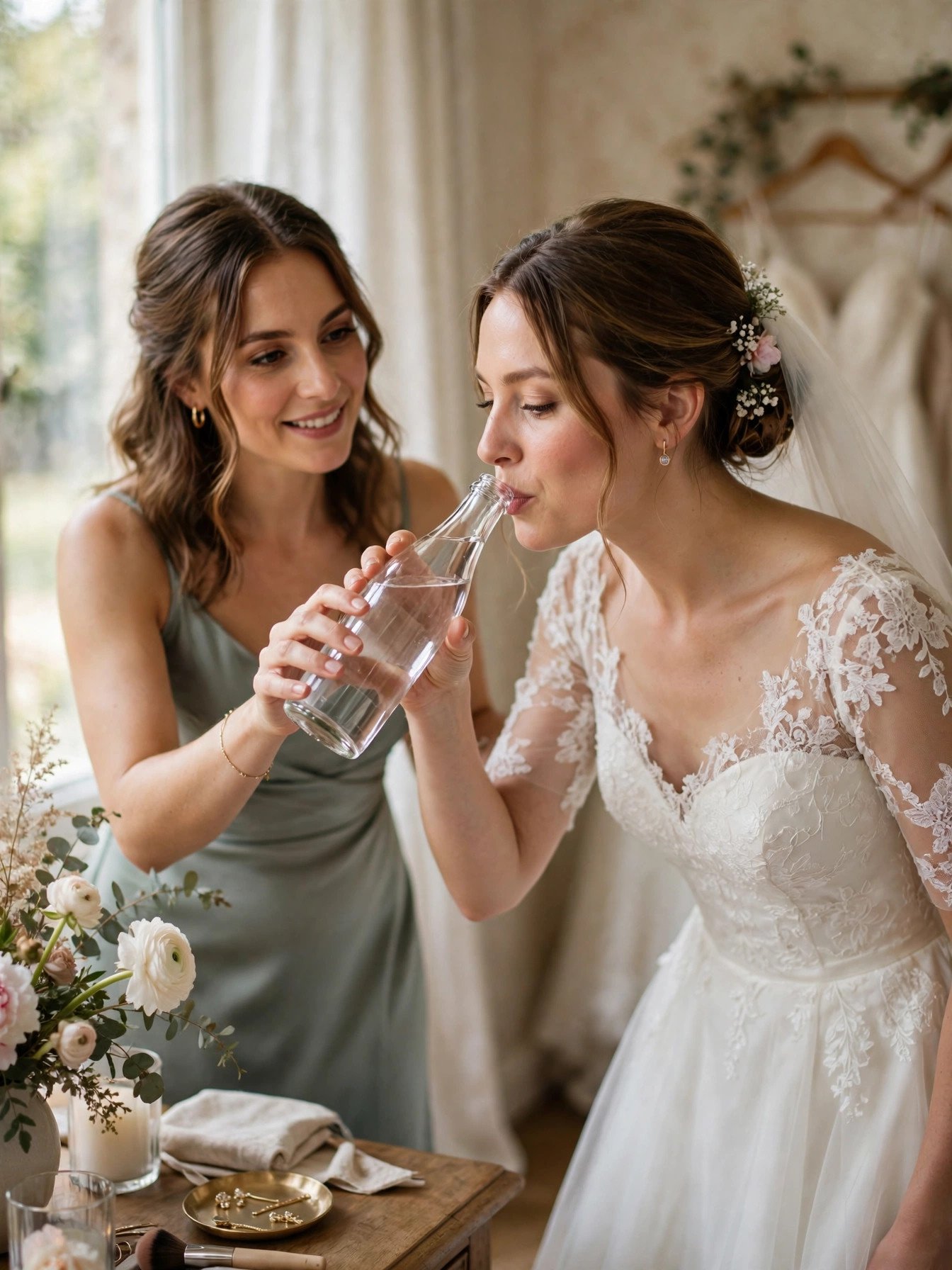 Bride in wedding dress drinking water from an elegant glass bottle held by bridesmaid