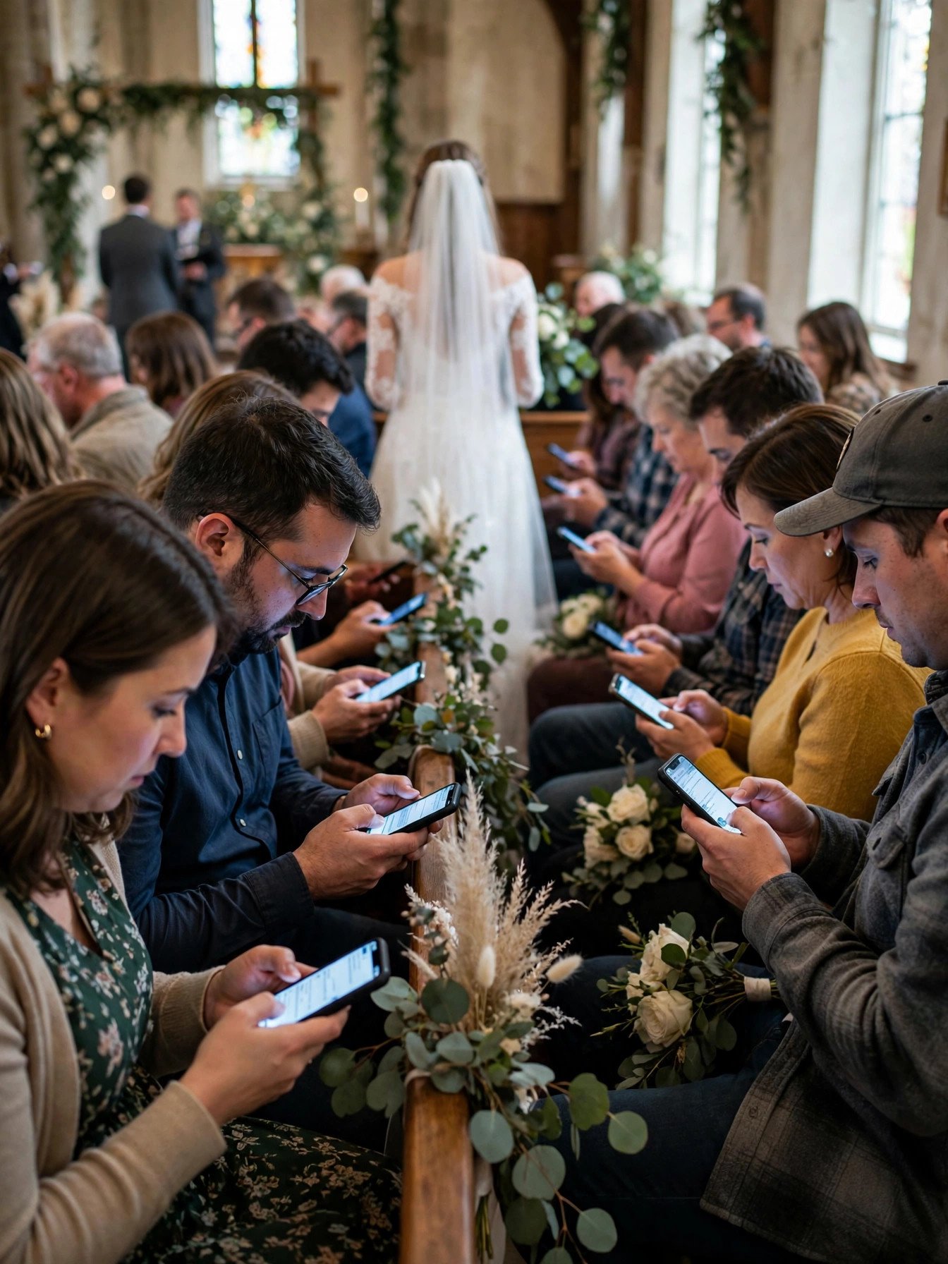 Wedding ceremony guests distracted by glowing smartphones instead of watching the bride