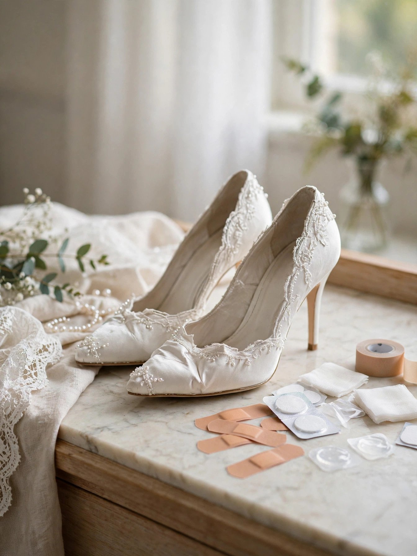 Elegant white bridal heels being broken in with bandages and blister pads on a vanity
