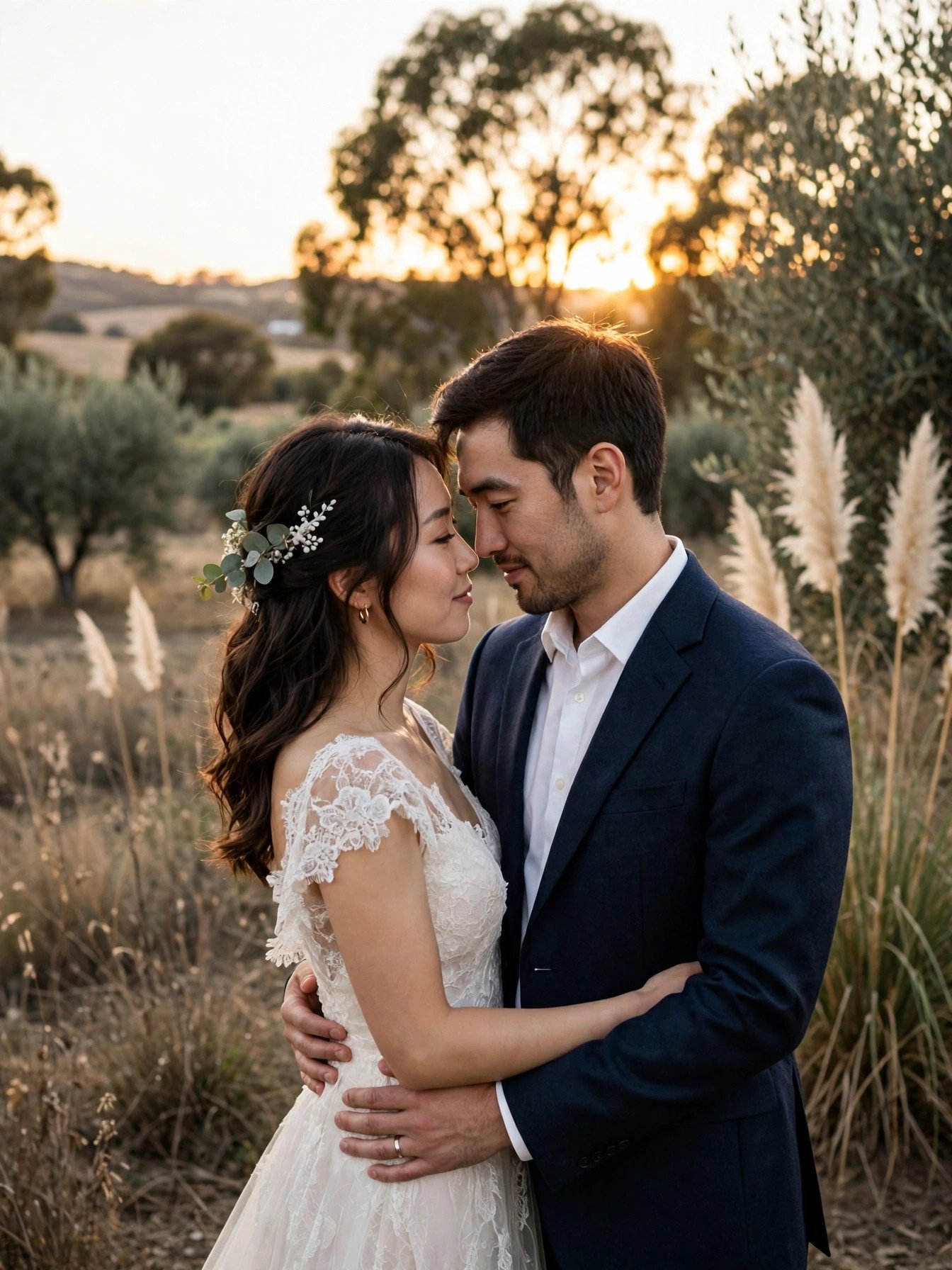 Bride and groom sharing a quiet private moment alone together at sunset