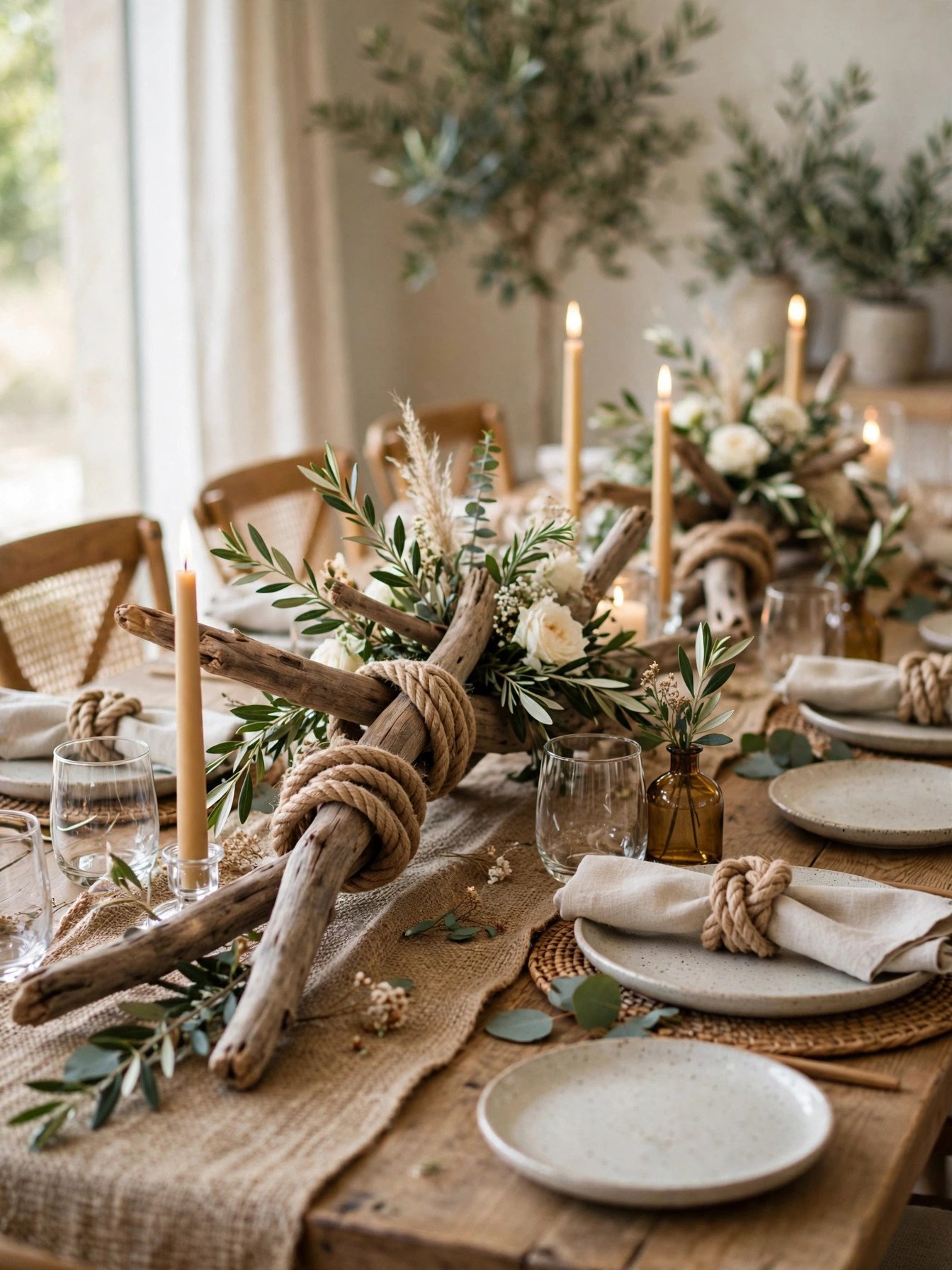 Driftwood centerpieces with rope accents at a coastal bridal shower