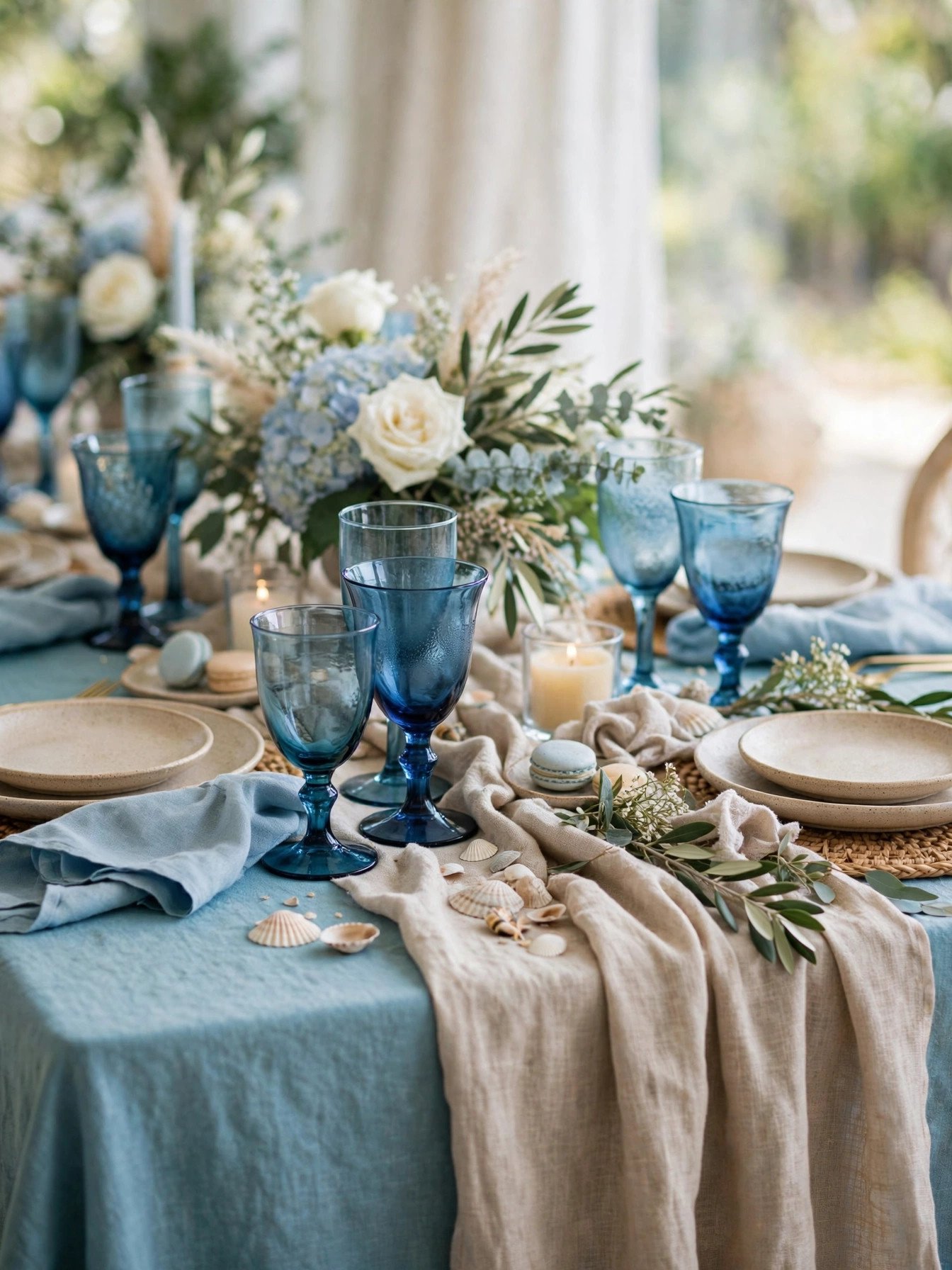 Ocean color palette linens in blues and sand tones at a bridal shower table
