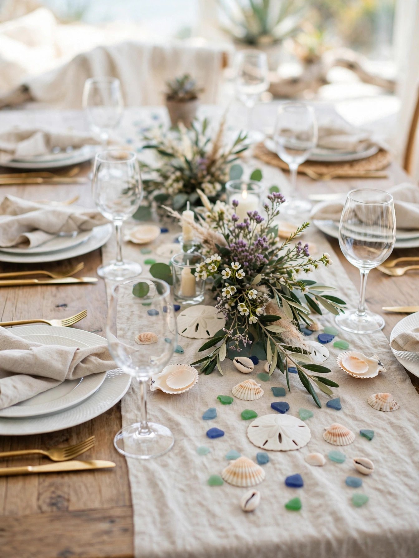 Seashell table settings with sand dollars and sea glass at a coastal bridal shower