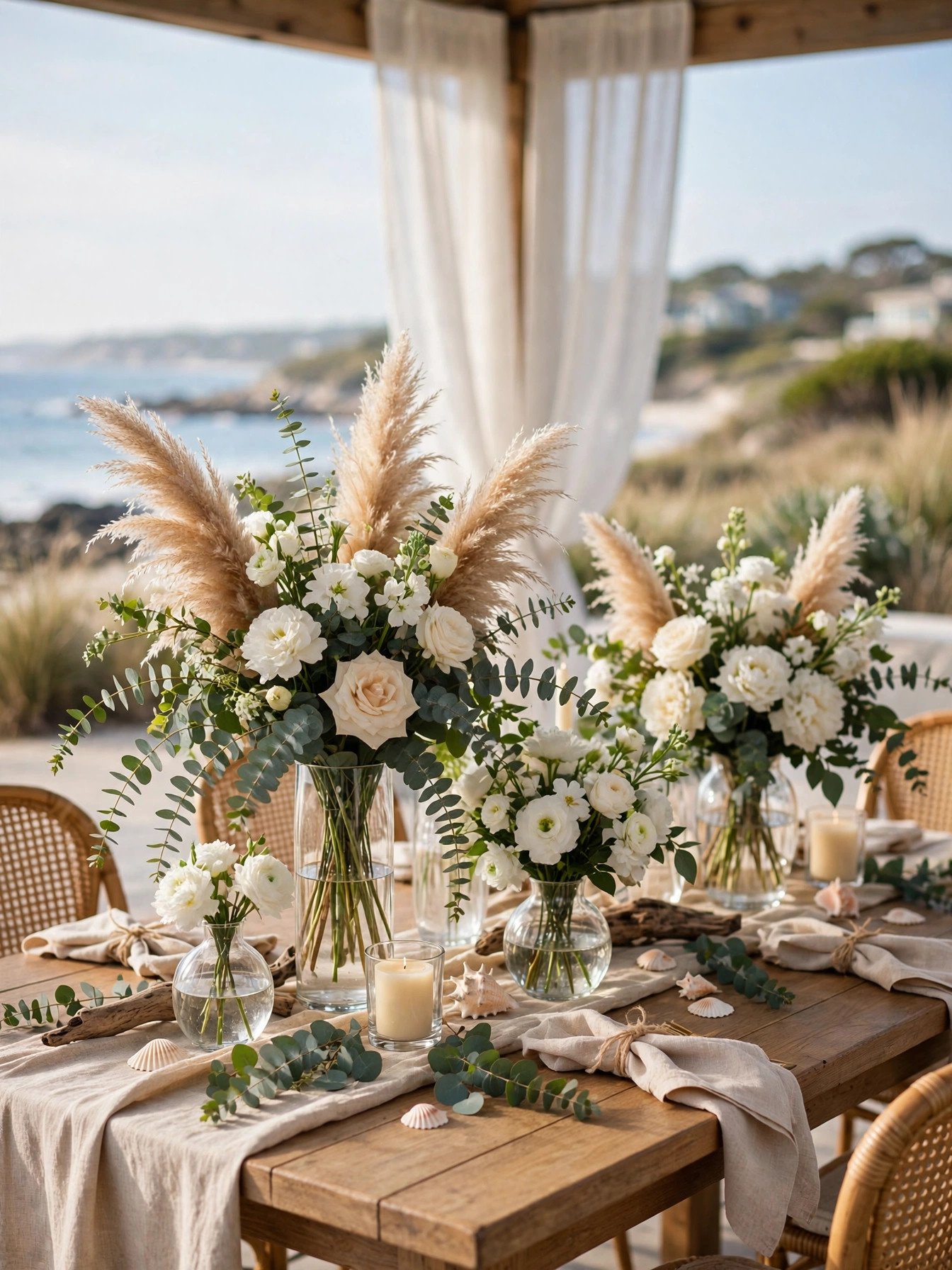 Coastal floral arrangements with pampas grass and eucalyptus at a bridal shower