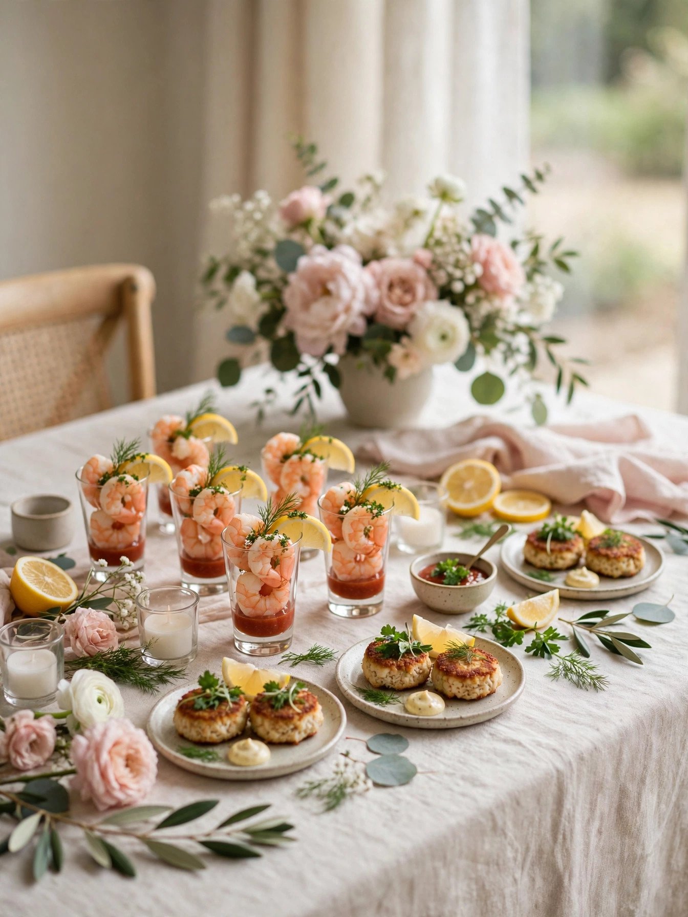 Seafood-inspired bridal shower menu table with shrimp and crab appetizers