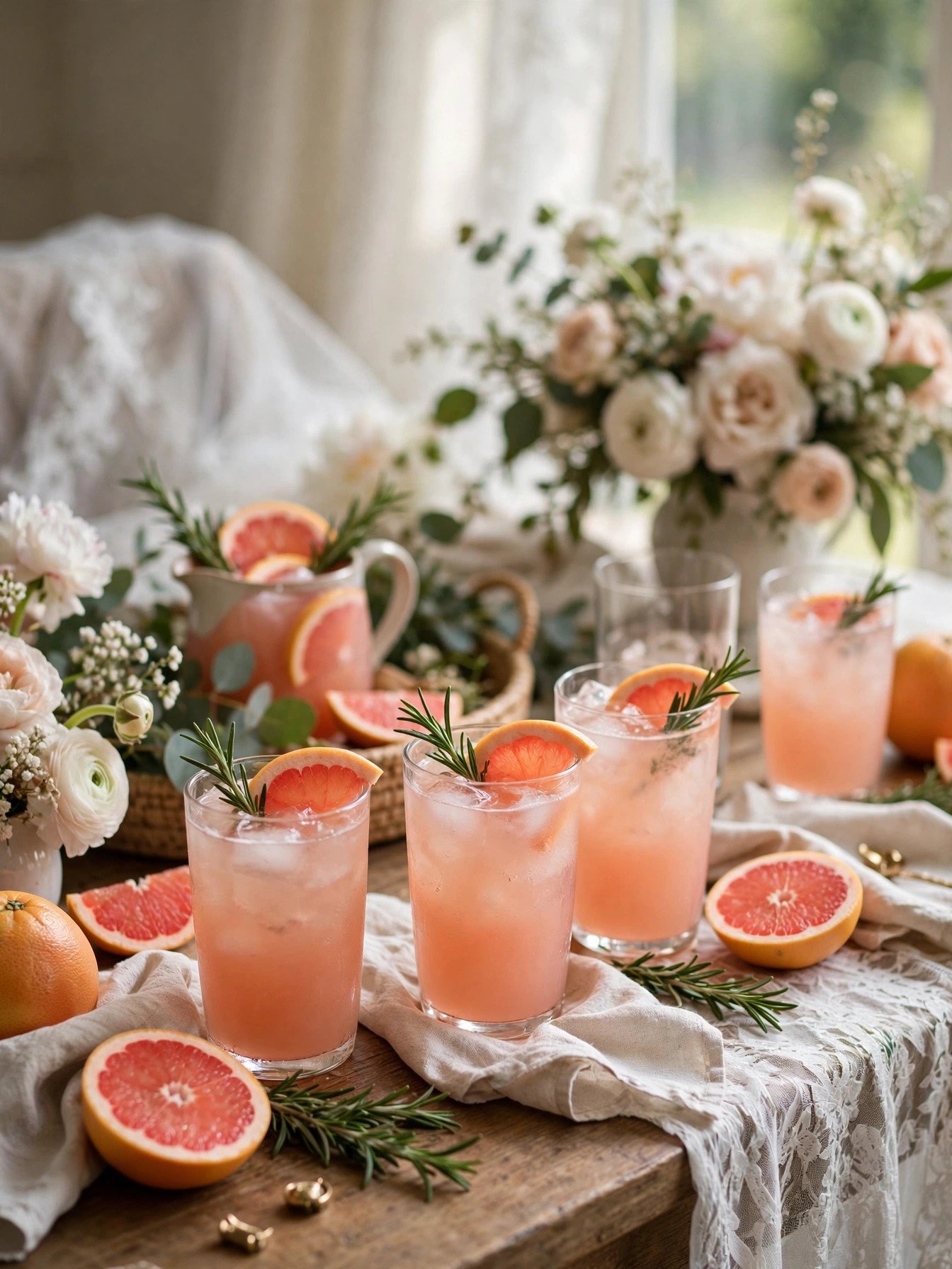 Citrus mocktails in plain glasses with grapefruit and rosemary garnishes at a coastal shower