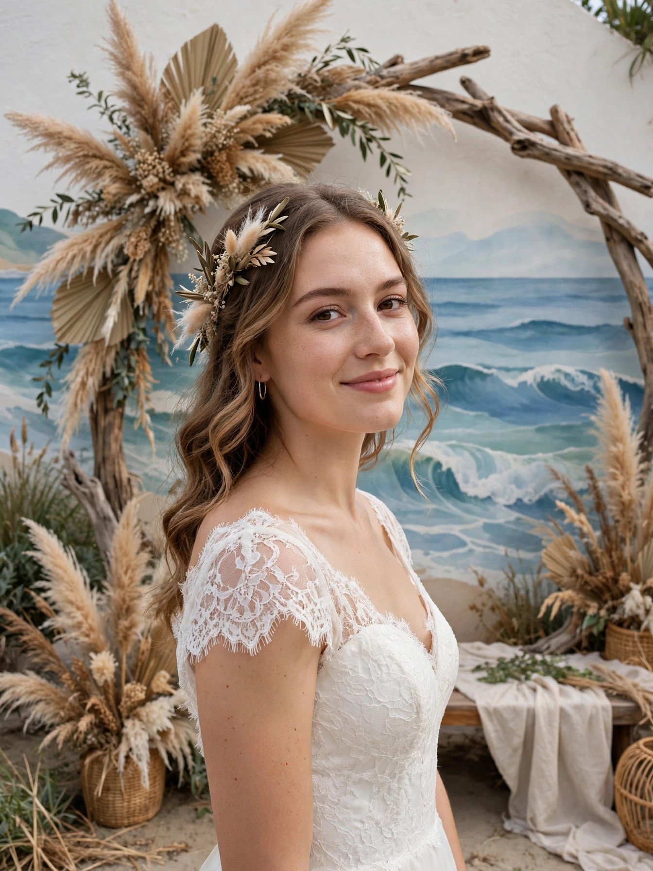 Beachy photo backdrop with wave mural and driftwood props at a bridal shower