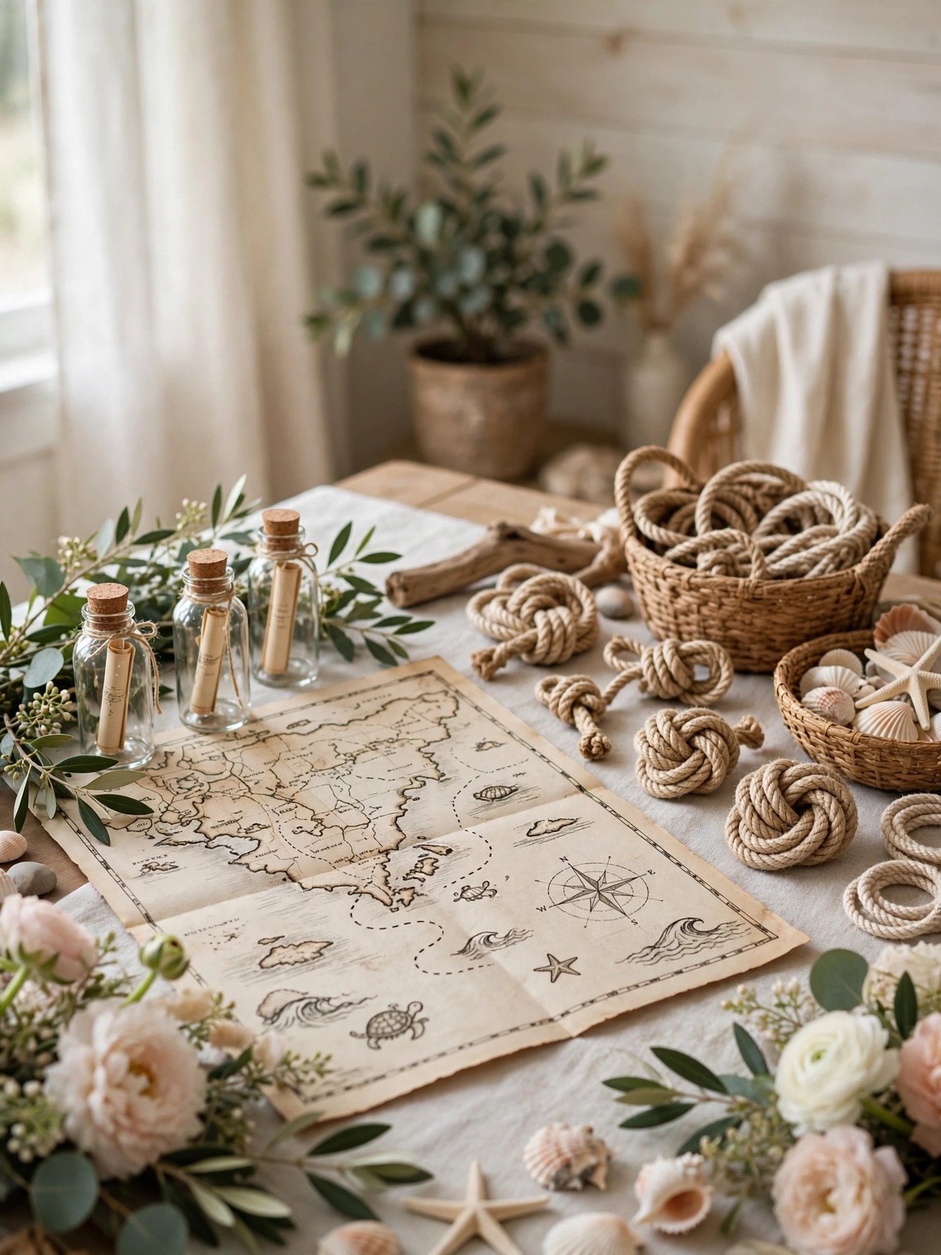 Nautical games corner with treasure map and message bottles at a coastal bridal shower