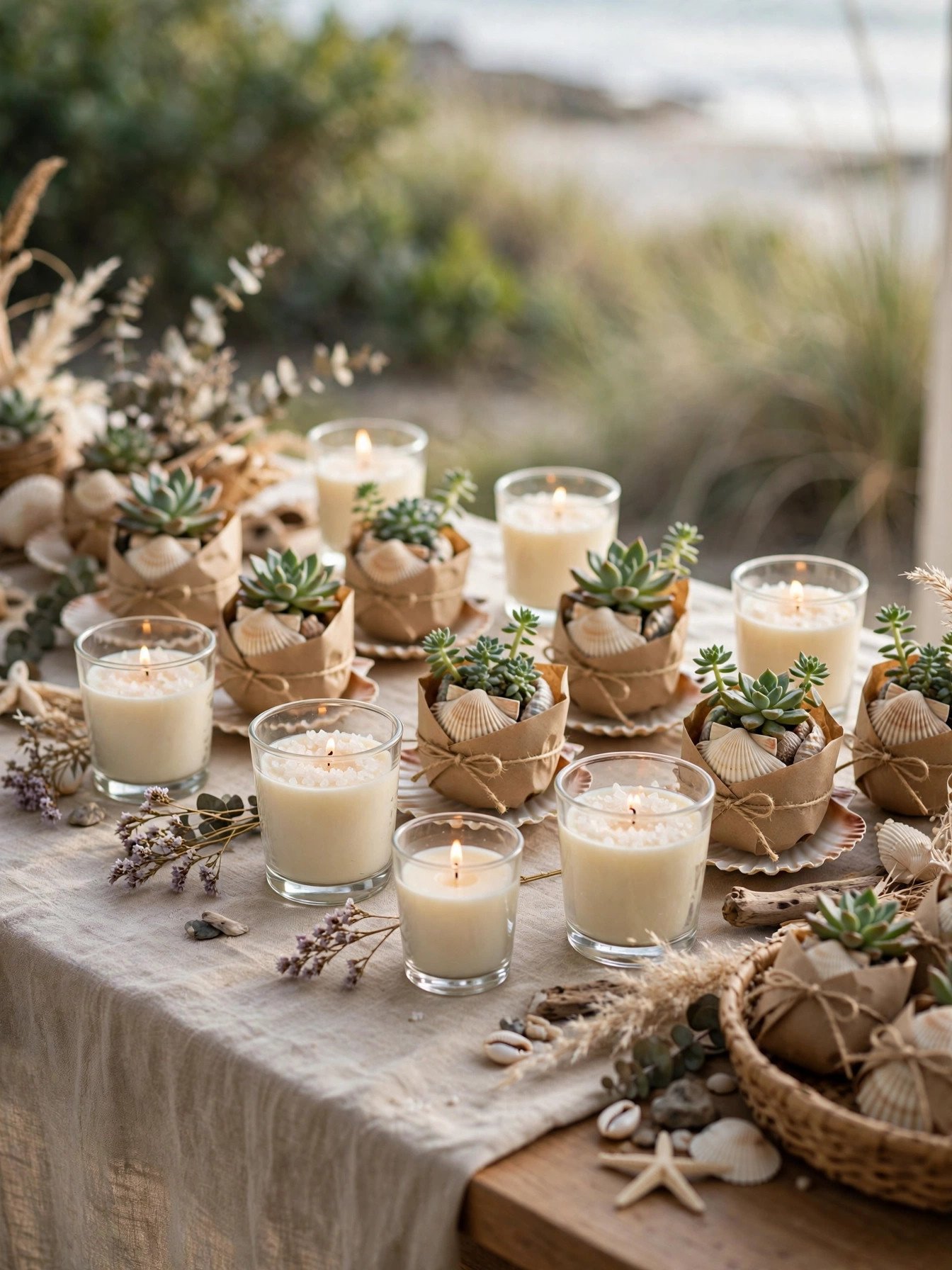 Ocean scented favor candles and succulents wrapped in kraft paper at a coastal bridal shower