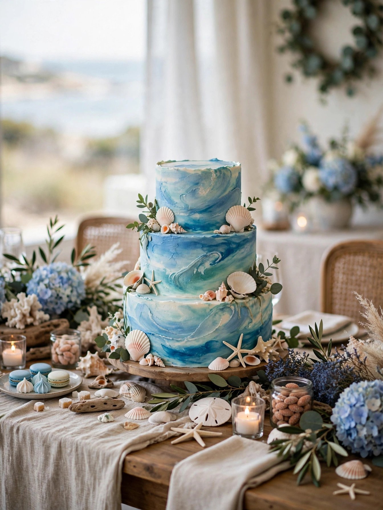 Coastal wedding cake with watercolor blue frosting and shell decorations at a bridal shower