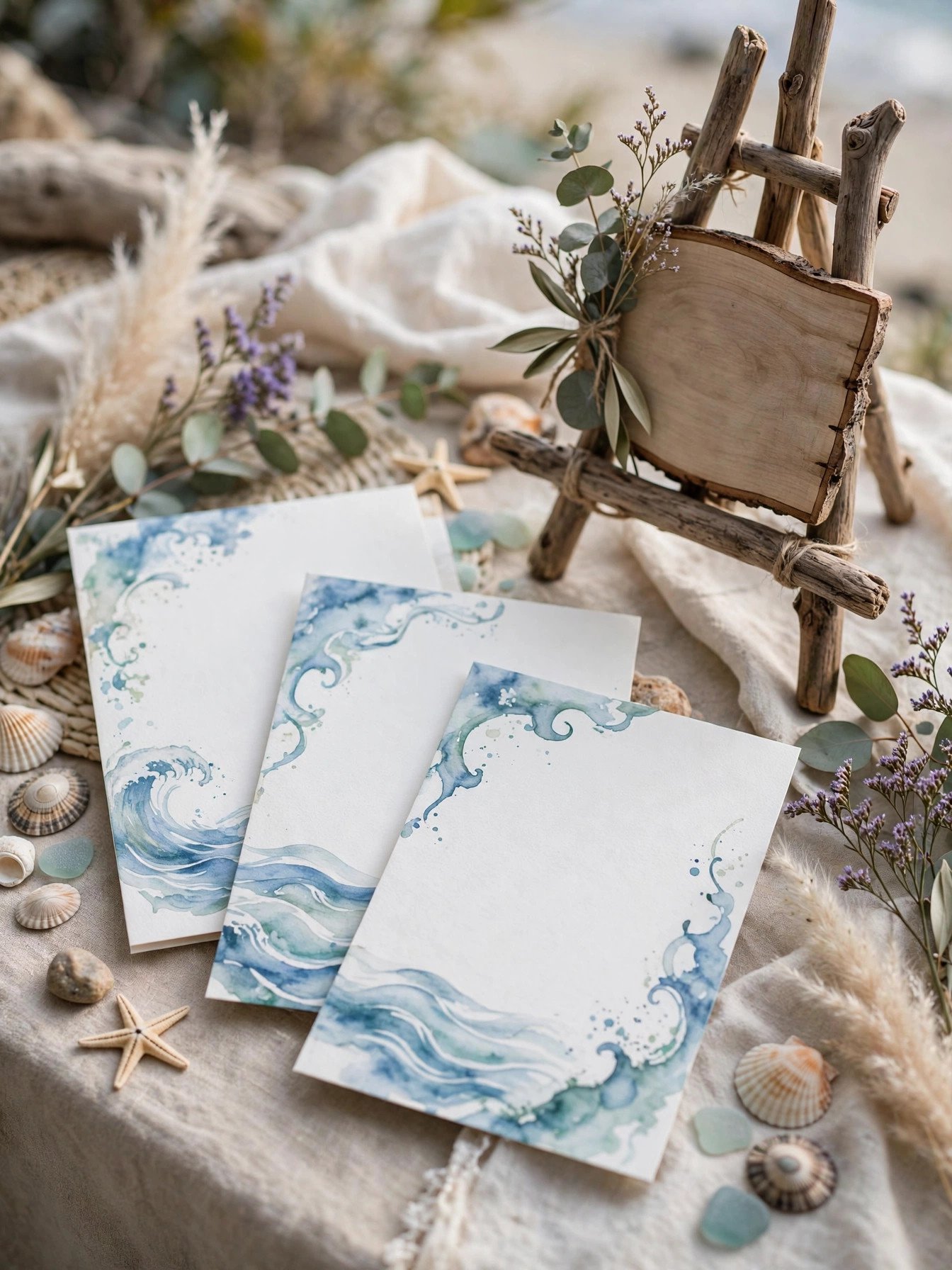 Coastal bridal shower invitations with watercolor waves and elegant signage