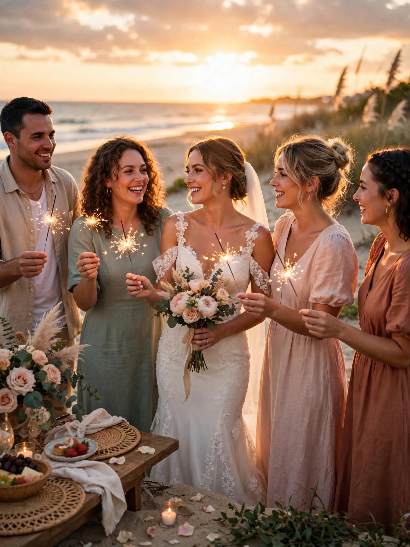 Sunset send-off with sparklers and lanterns at a beach bridal shower
