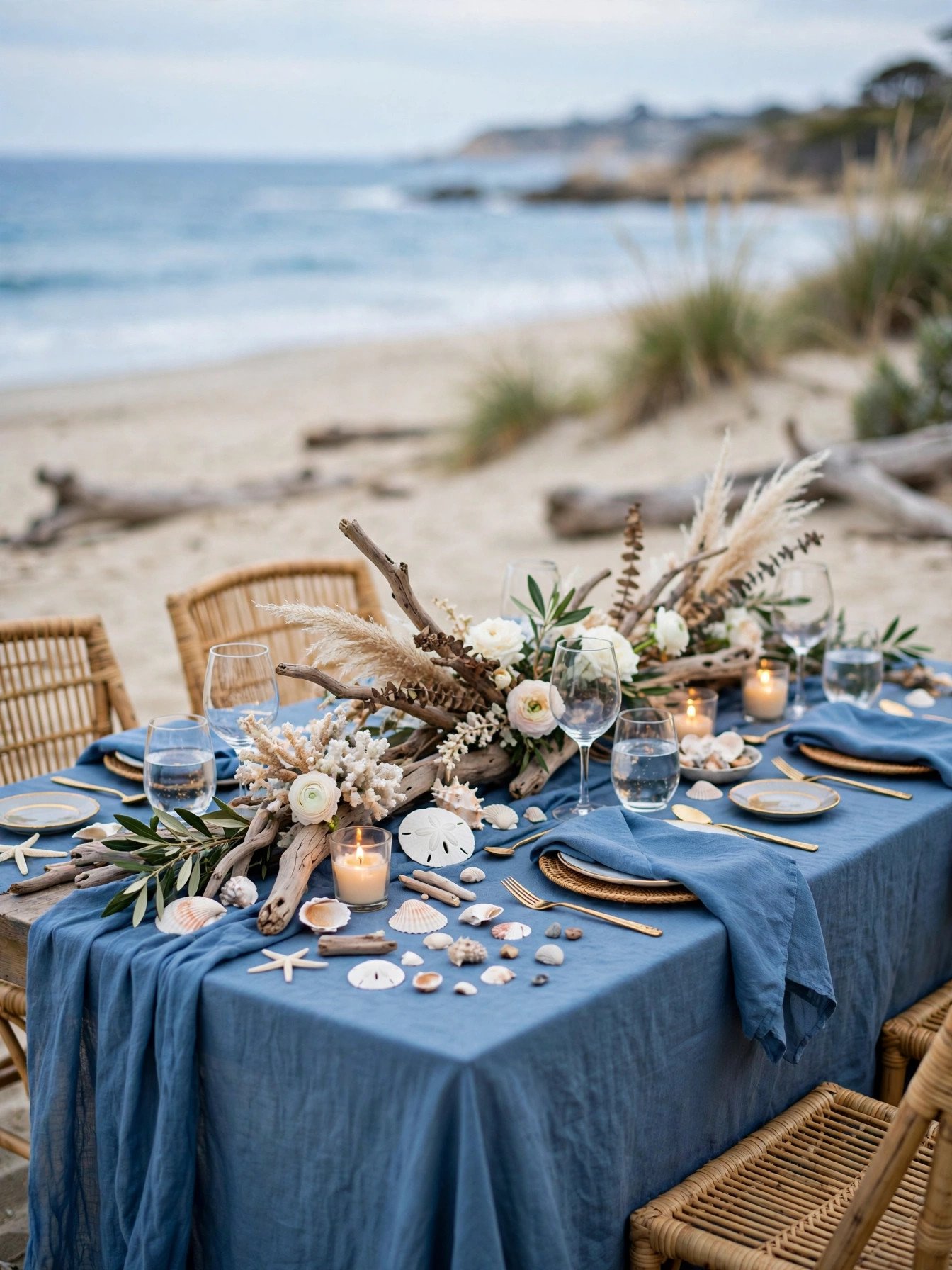 Coastal bridal shower table on the beach with driftwood decor and ocean colors