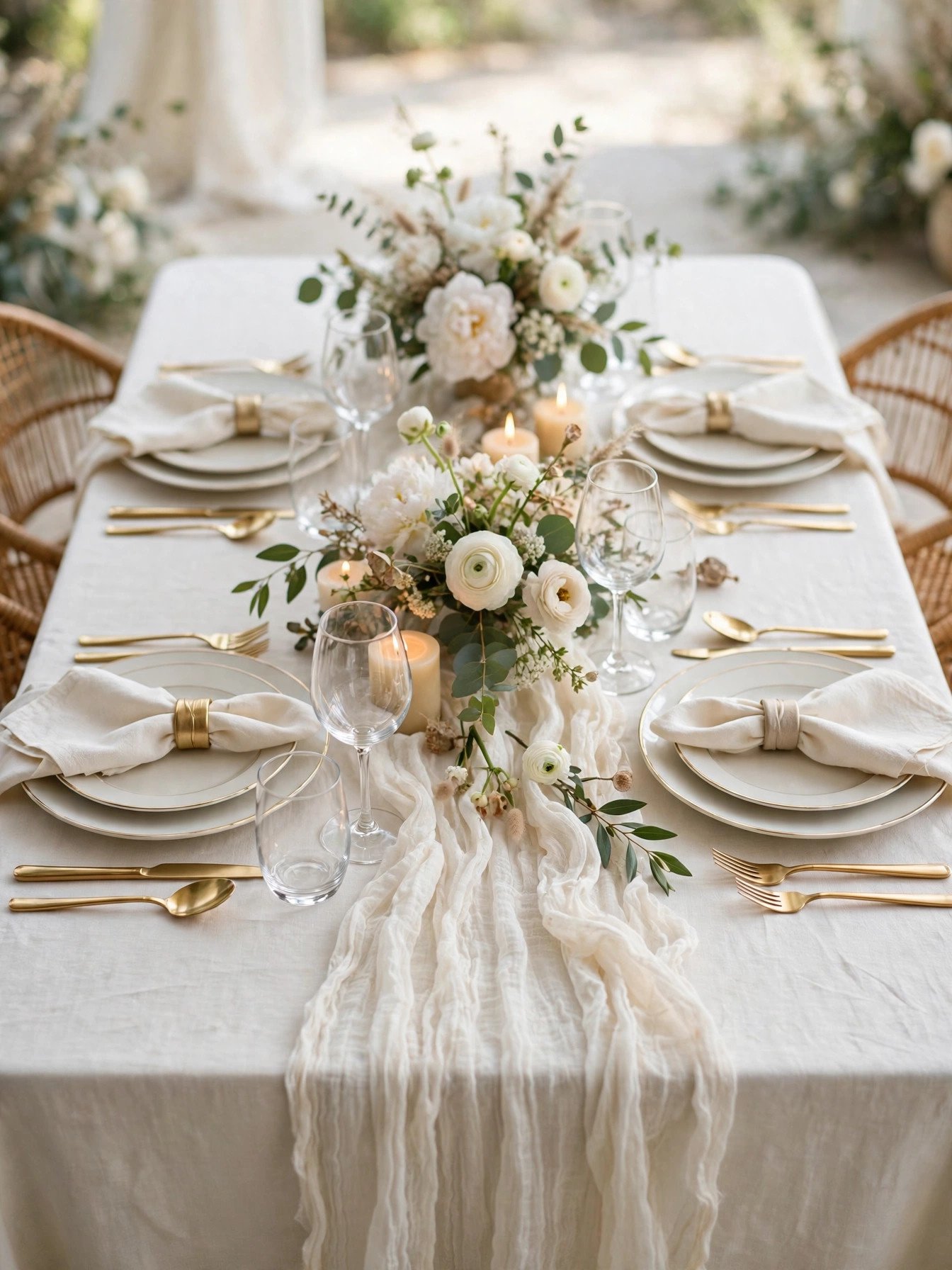 Luxe ivory linen tablescape with textured runner at an elegant bridal shower
