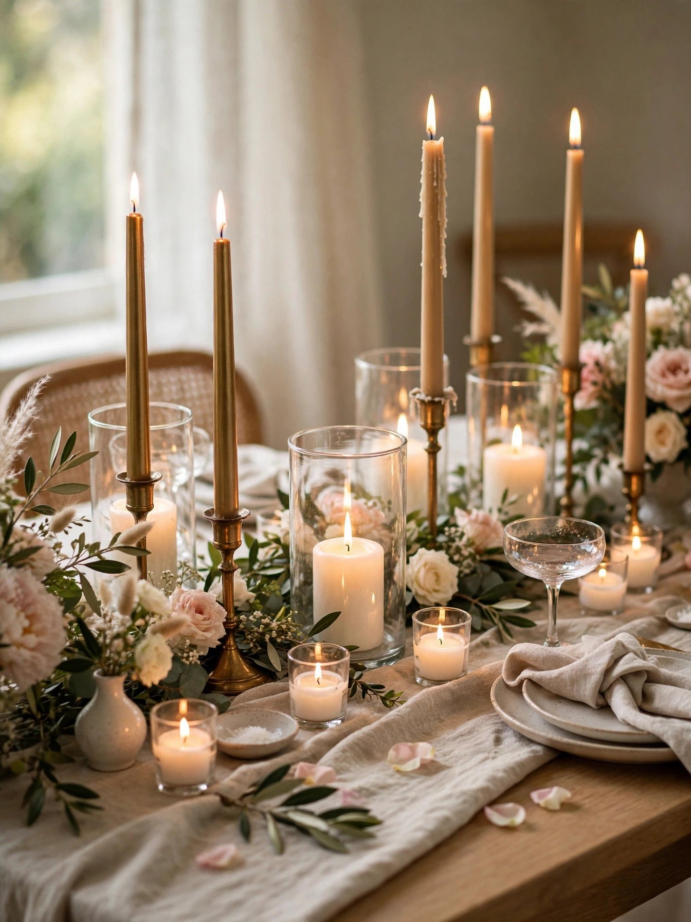 Layered candlelight with tapers and votives at an elegant bridal shower table