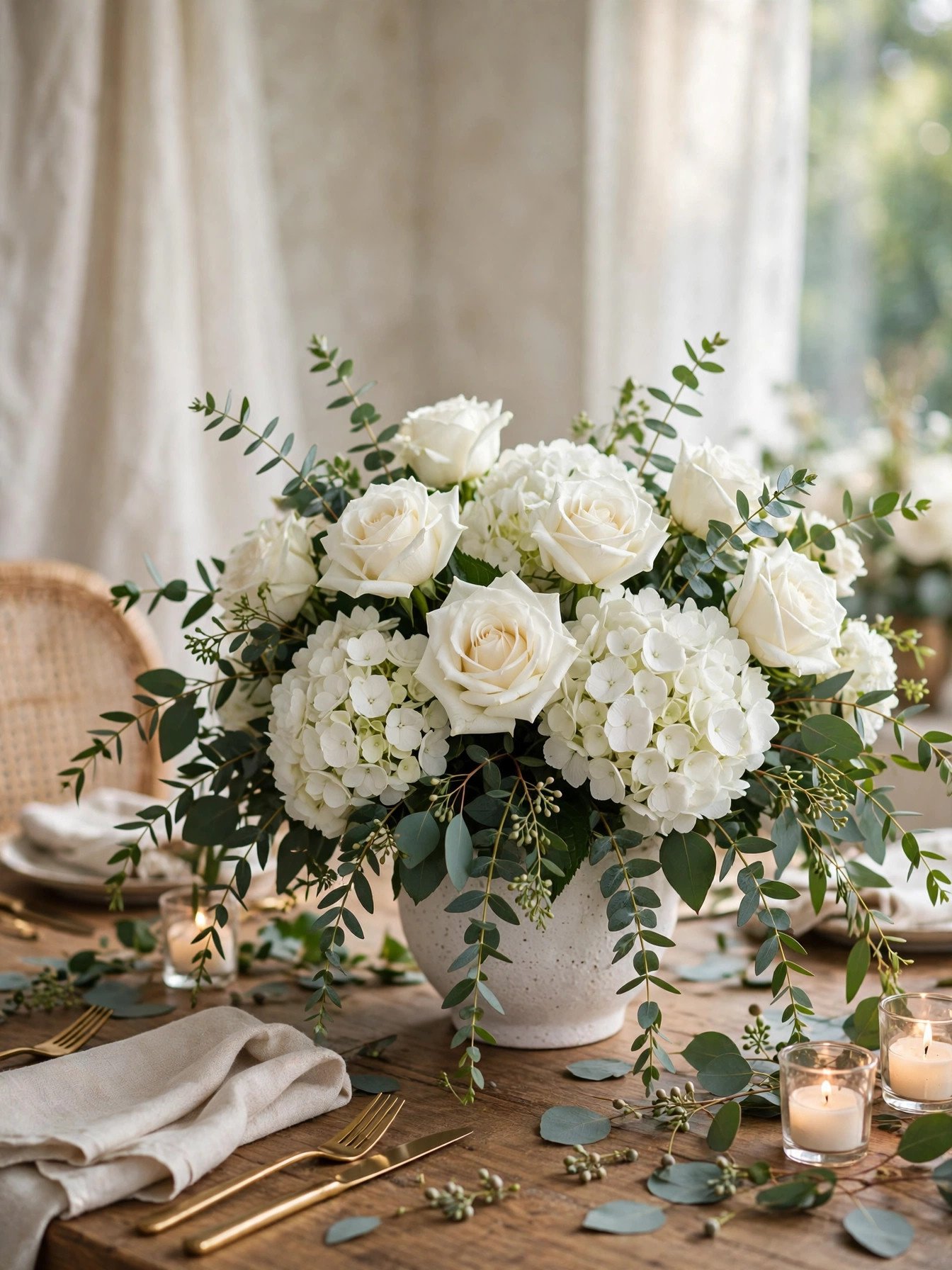 Classic white and green floral centerpieces with roses and eucalyptus at a bridal shower