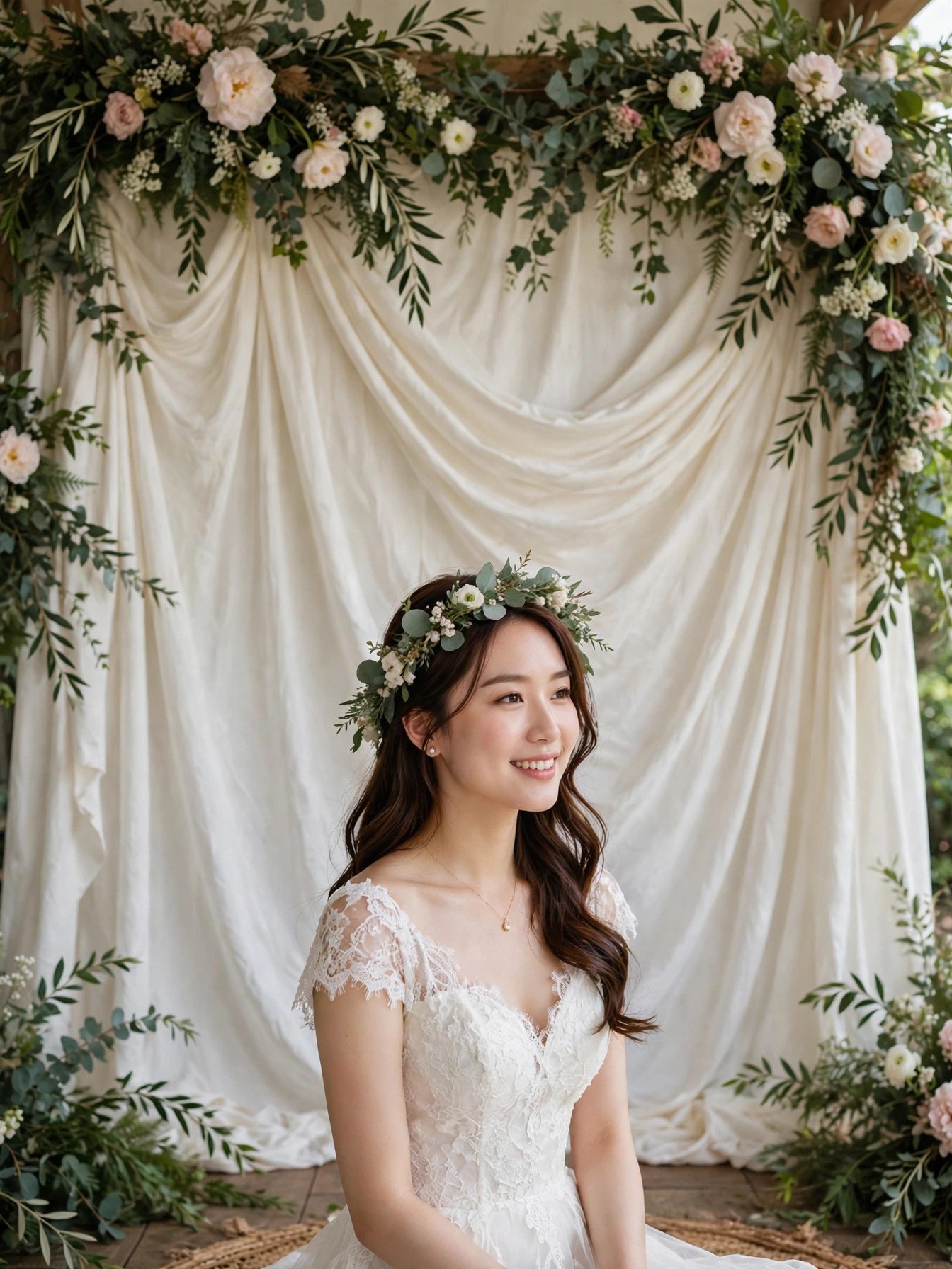 Elegant draped fabric backdrop with floral arch at a bridal shower photo area