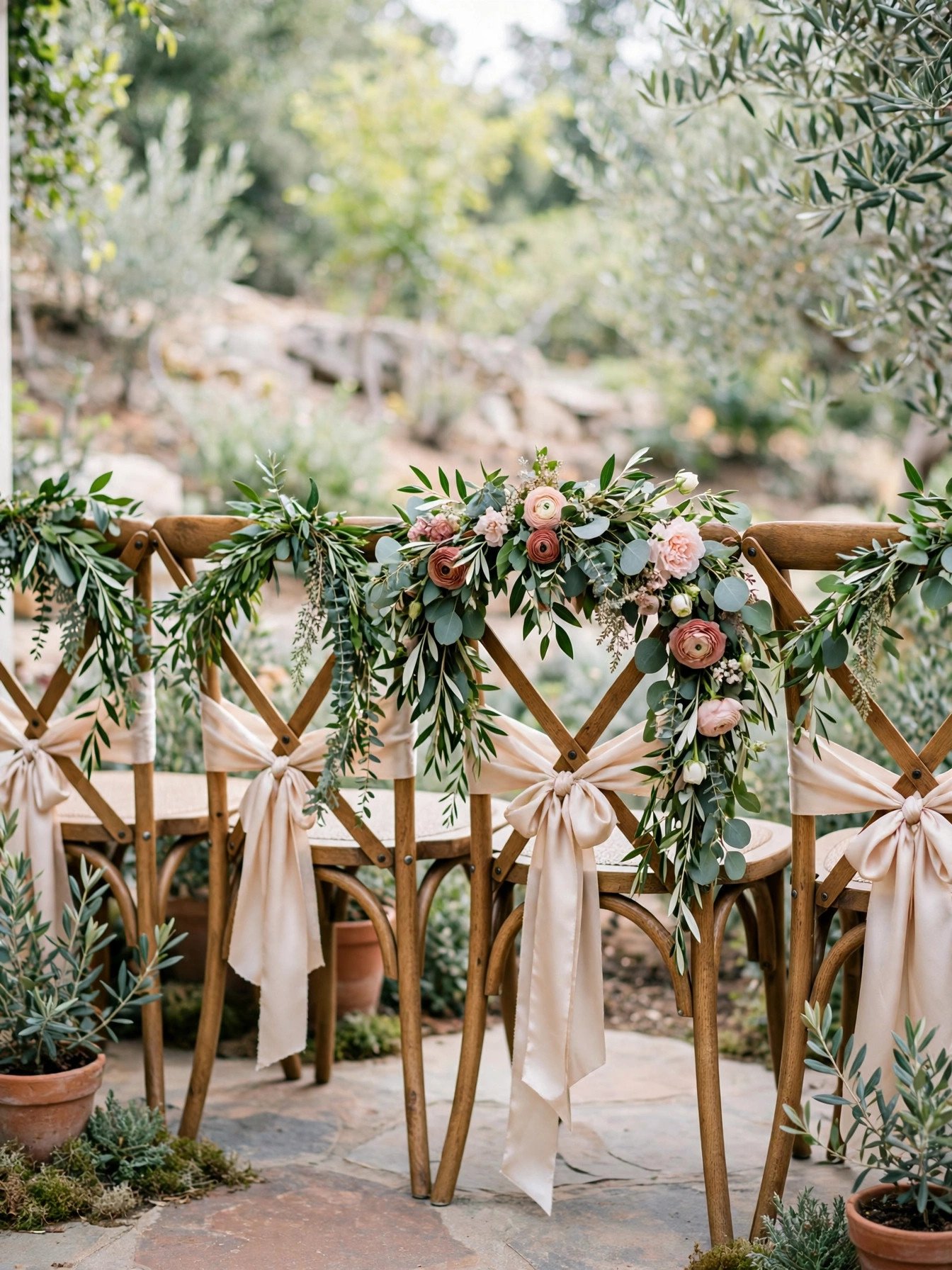 Styled bridal shower chairs with greenery swags and ribbon sashes