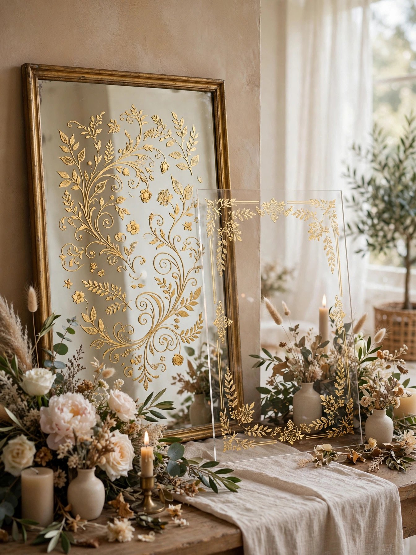 Sophisticated calligraphy signage on mirror and acrylic at an elegant bridal shower