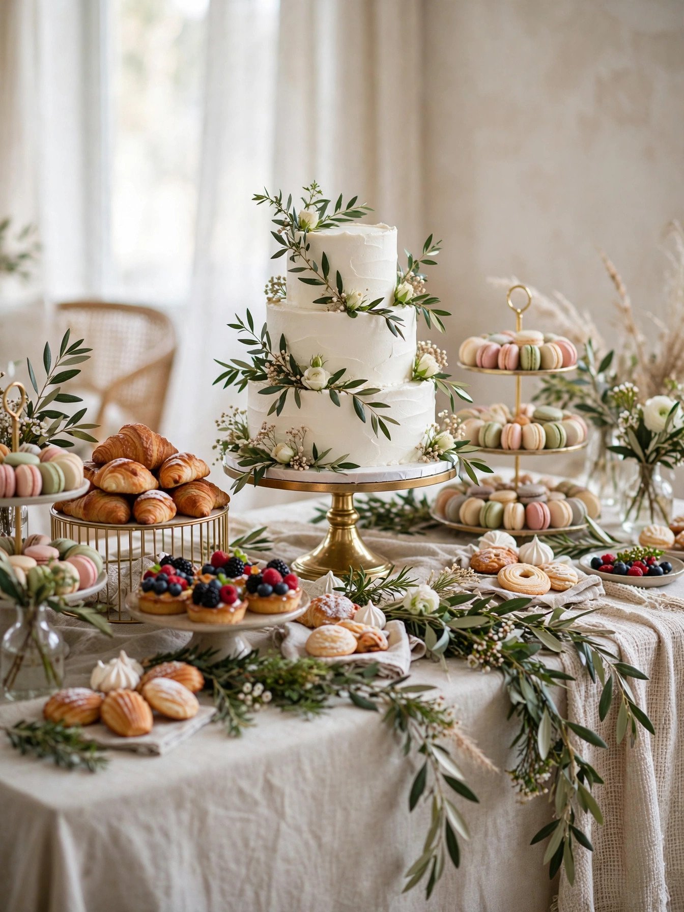 Styled dessert table with tiered stands and elegant cake at a bridal shower