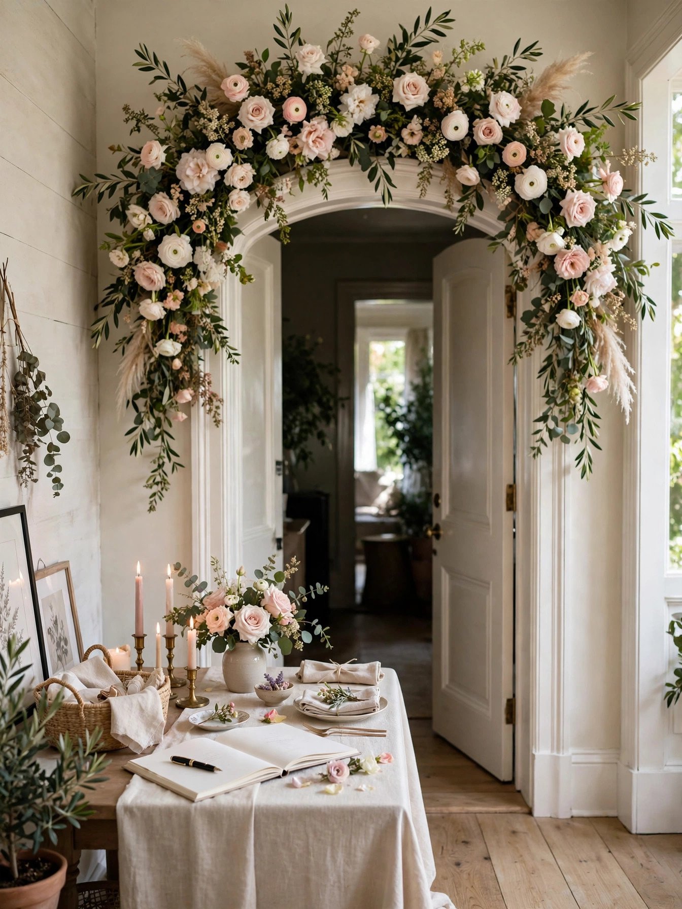 Elegant bridal shower entryway with floral arch and welcome table