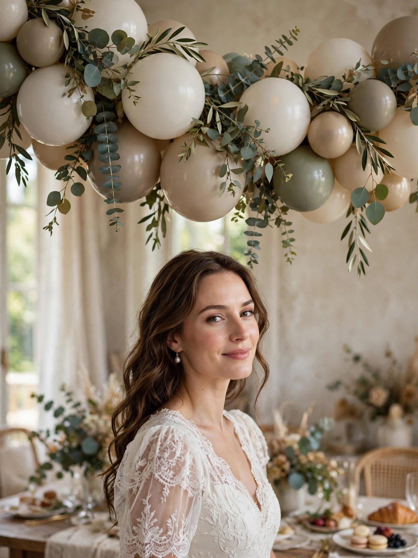 Muted tone balloon garland in ivory taupe and sage with greenery at an elegant bridal shower