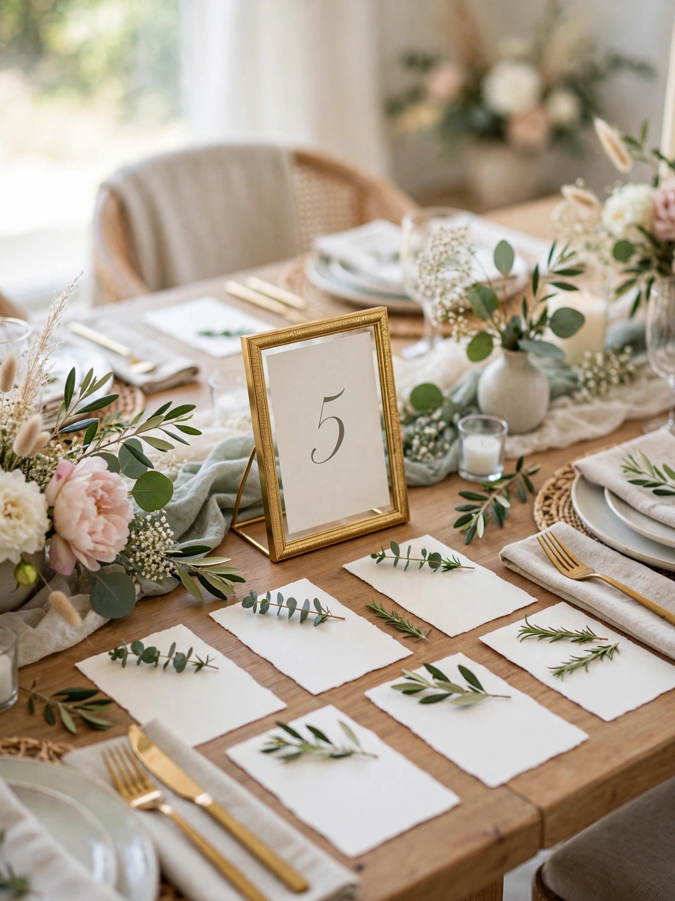 Elegant table numbers and calligraphy place cards at a bridal shower