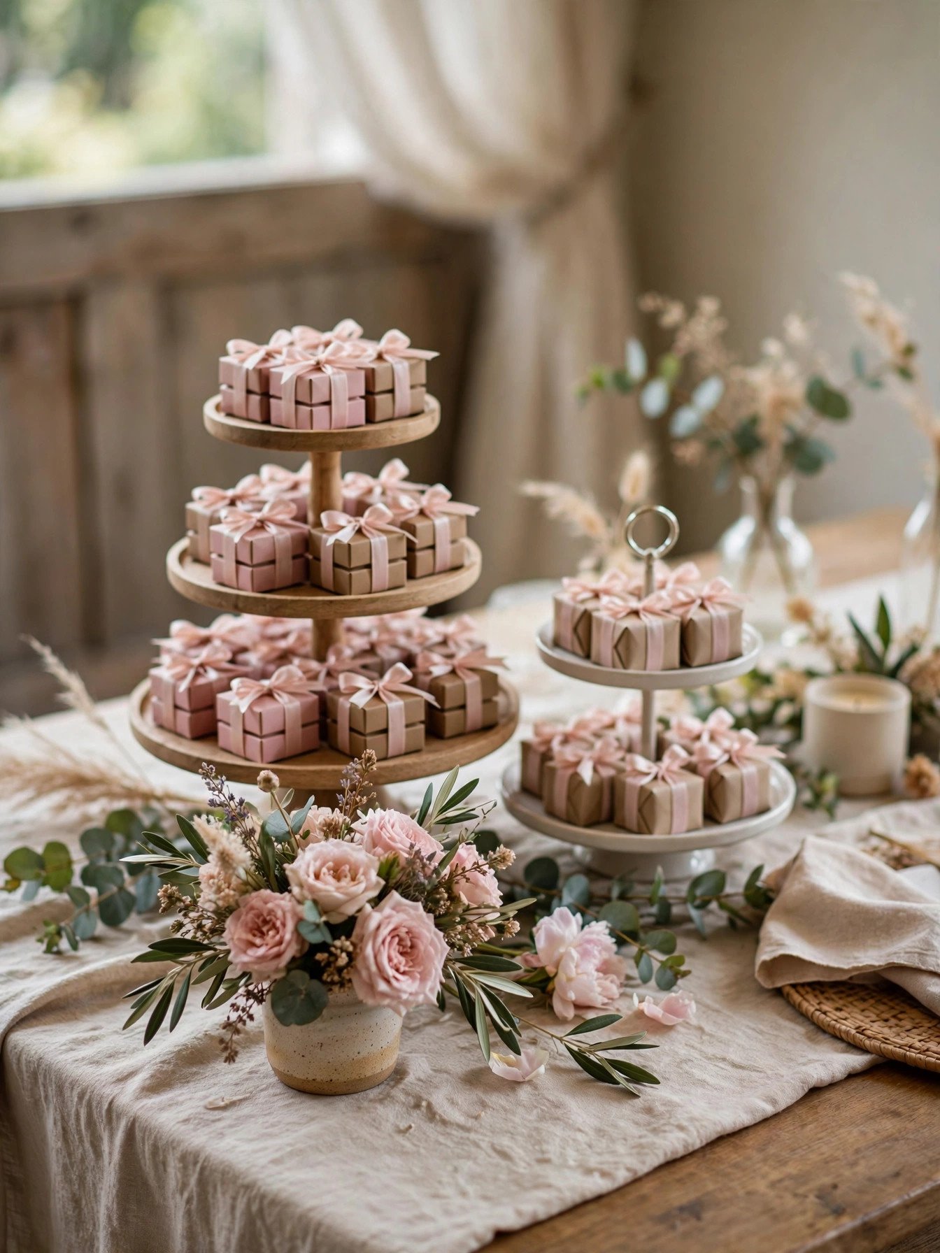 Artfully styled favor display table with tiered trays and ribbon tied boxes at a bridal shower