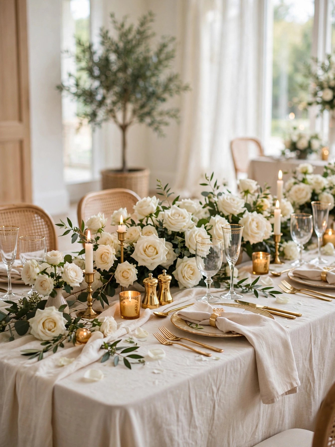 Elegant bridal shower tablescape with candlelight, white florals and gold accents