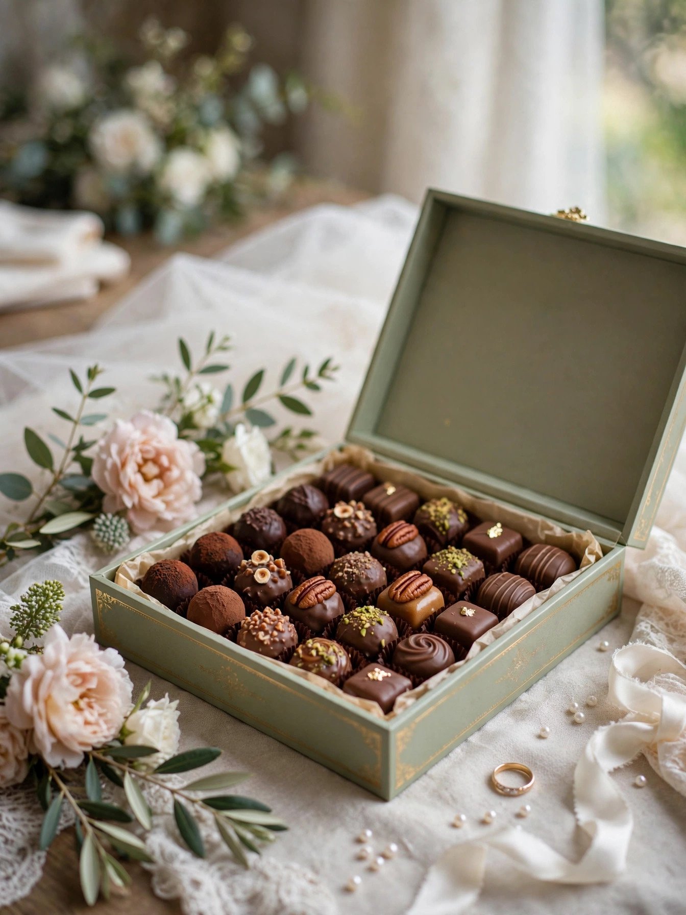 Elegant box of gourmet artisan chocolates as a shower prize