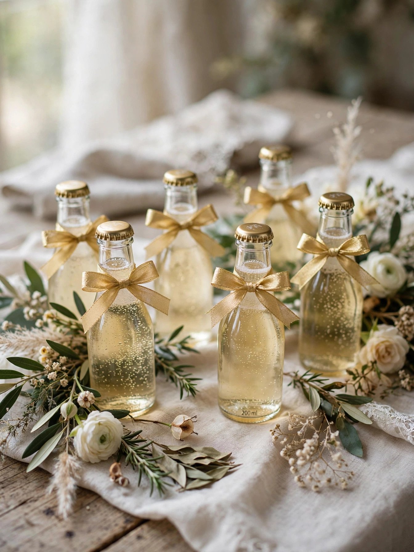 Mini sparkling cider bottles with festive labels styled as shower prizes