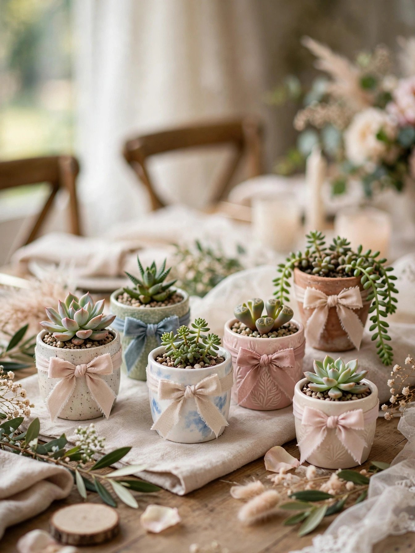 Cute potted succulents in decorative pots as bridal shower prizes
