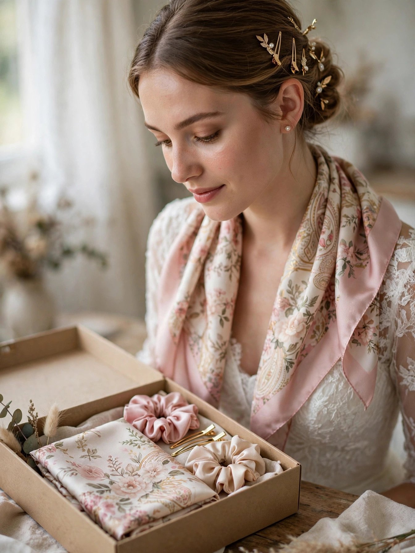 Elegant silk scarf and hair accessories gift set as a shower prize