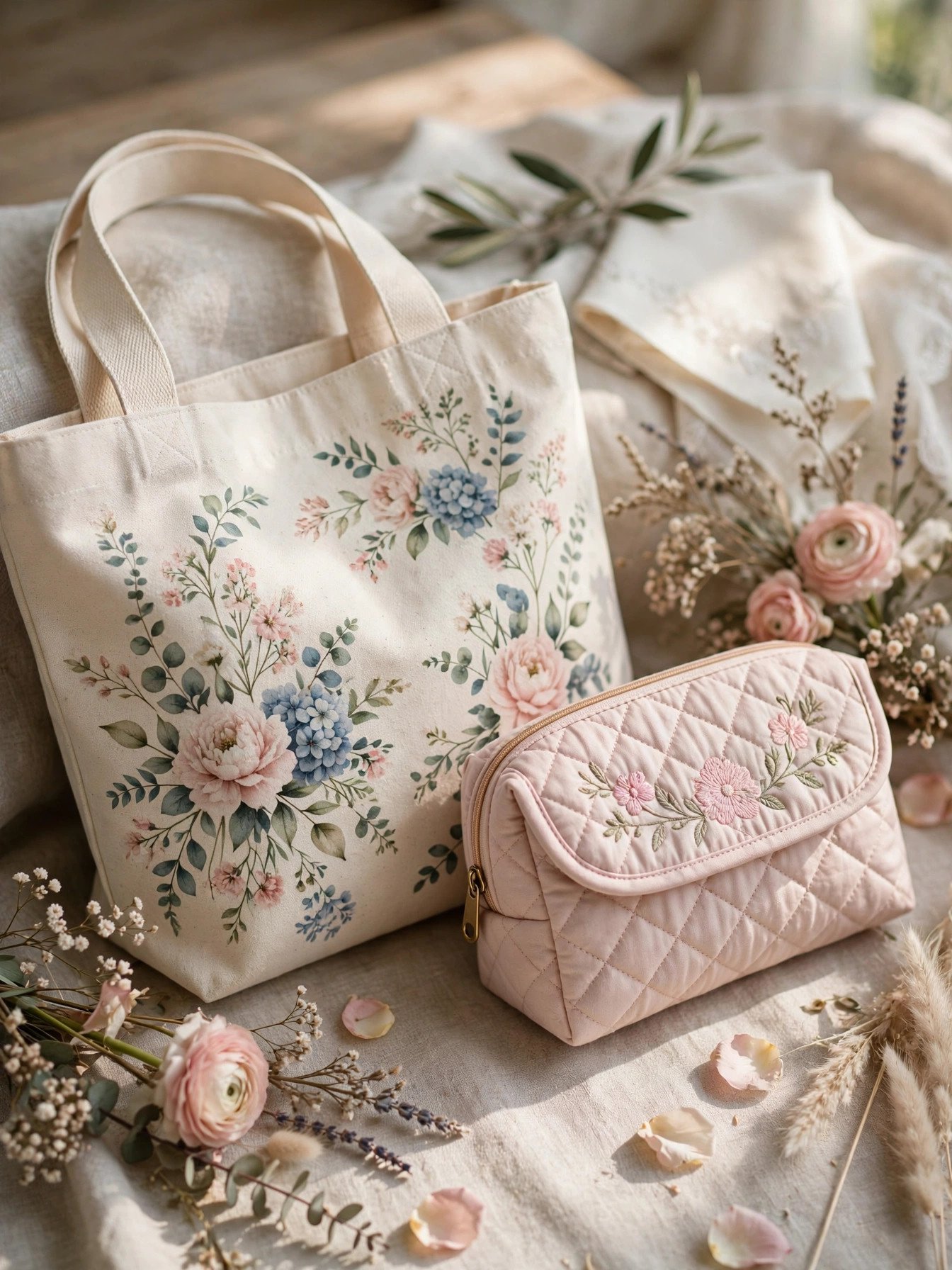Stylish canvas tote bag and cosmetic pouch set as a shower prize