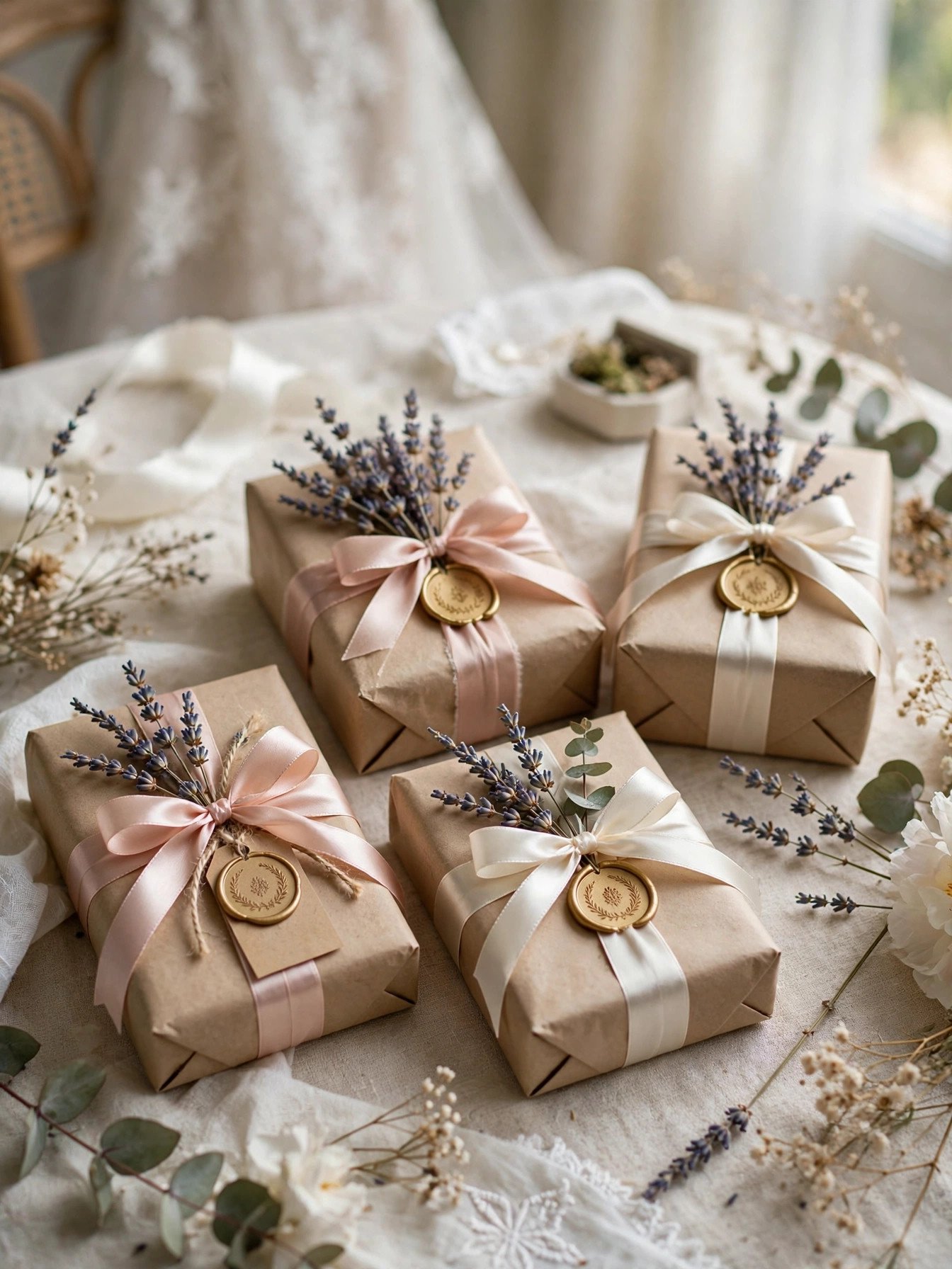 Beautifully DIY-wrapped shower prizes with ribbons and dried flowers