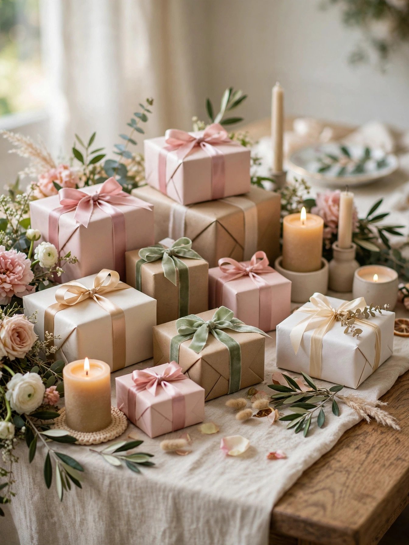 Beautifully wrapped bridal shower game prizes arranged on a decorated table