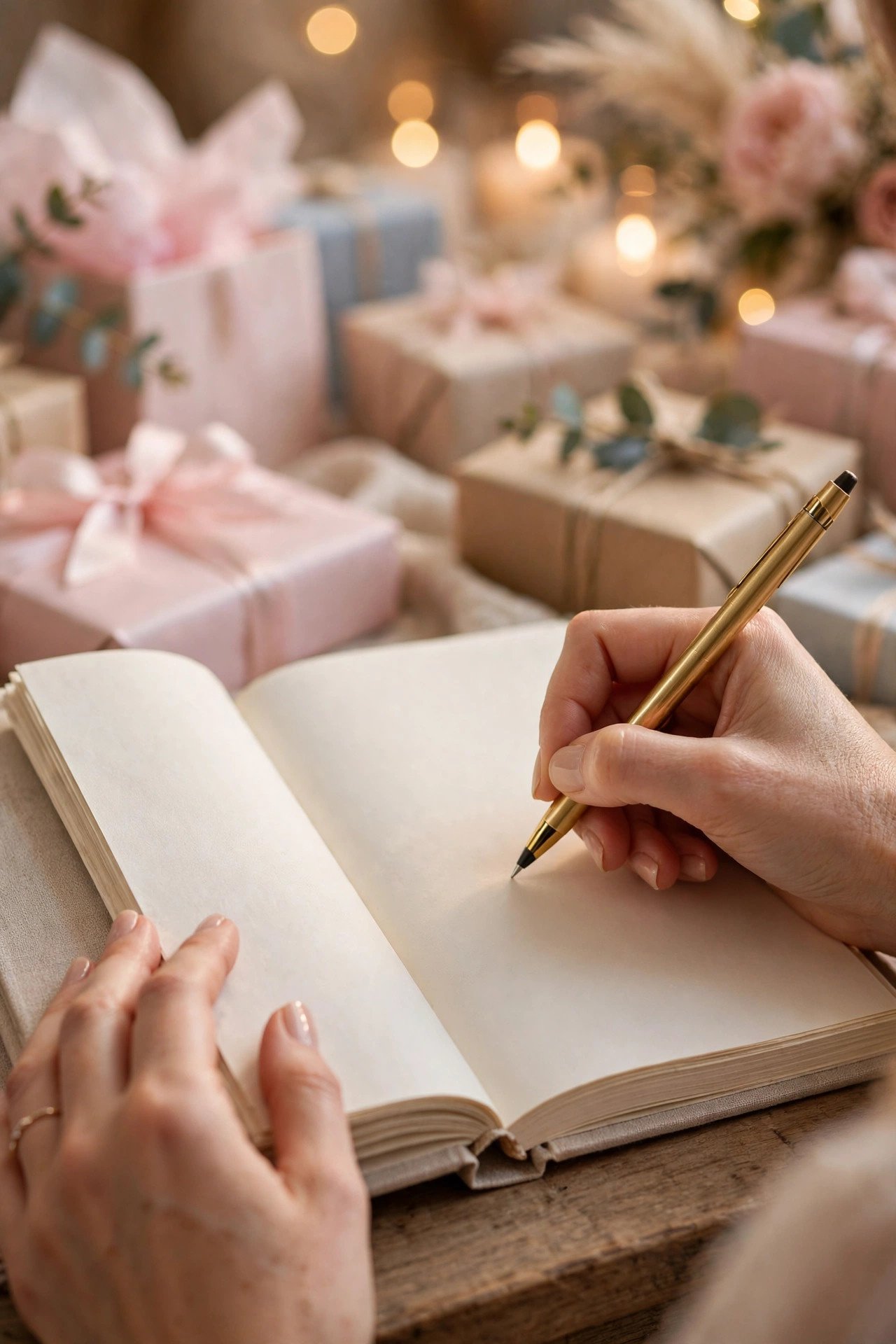 Helper's hands writing each gift and giver in a thank-you note log book during gift opening
