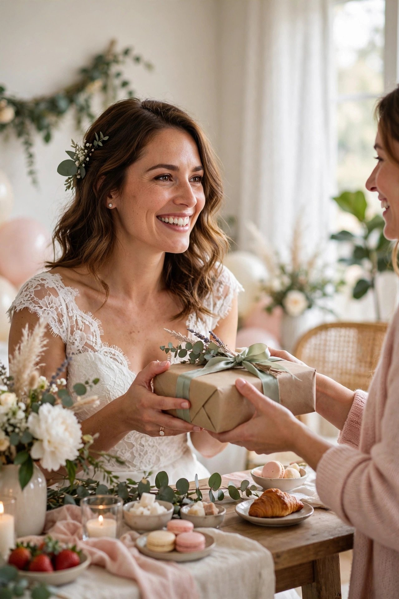 Bride smiling warmly while receiving an unexpected gift at her bridal shower