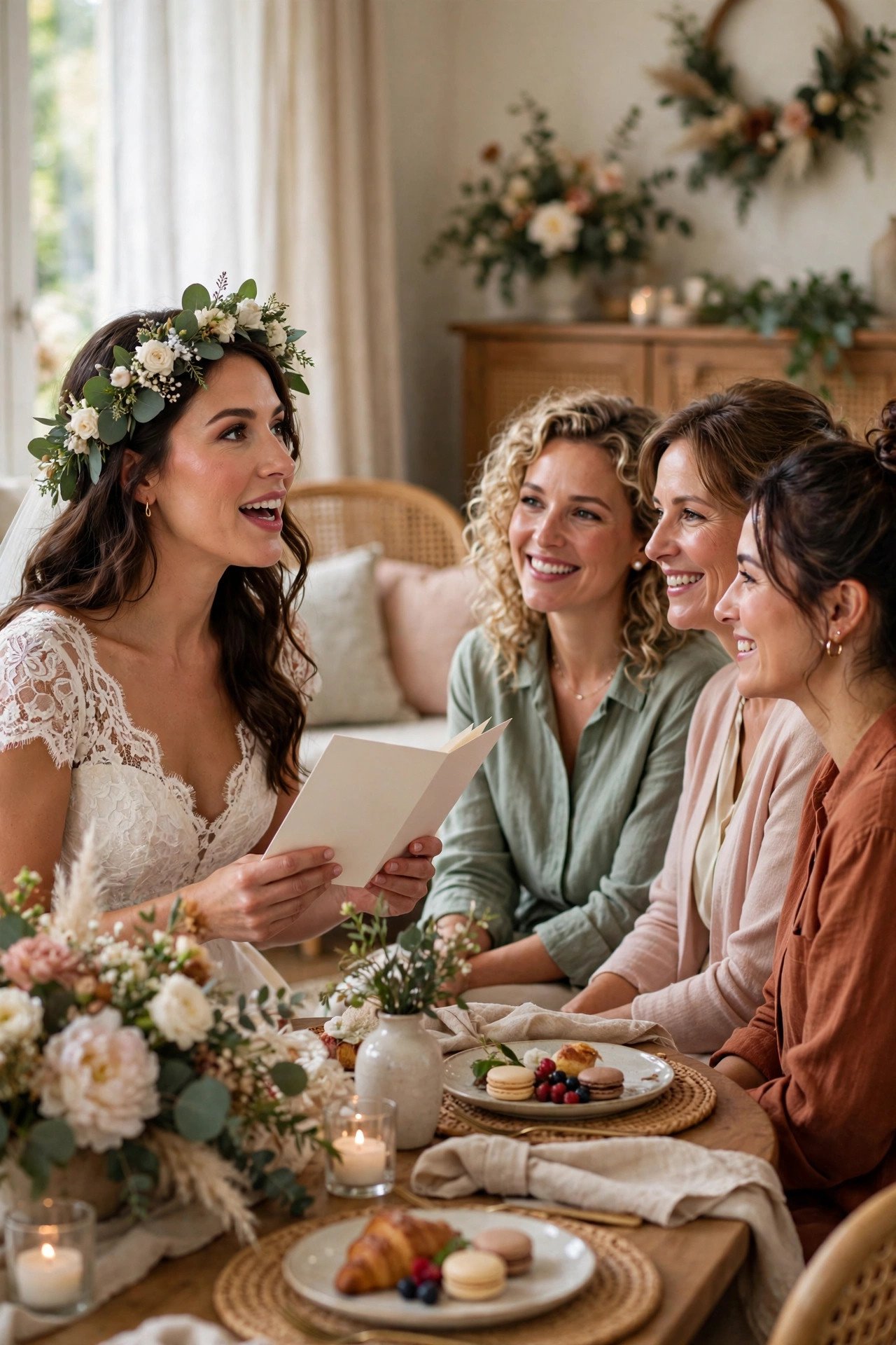 Bride reading a heartfelt gift card aloud while guests listen at a bridal shower