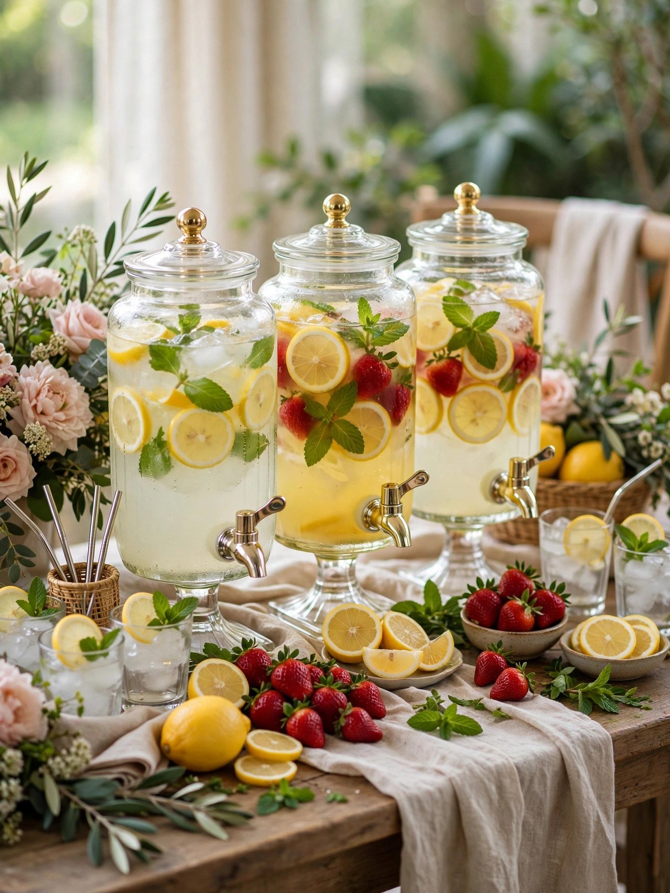 Fresh-squeezed lemonade bar with glass dispensers and lemon slices at a bridal shower