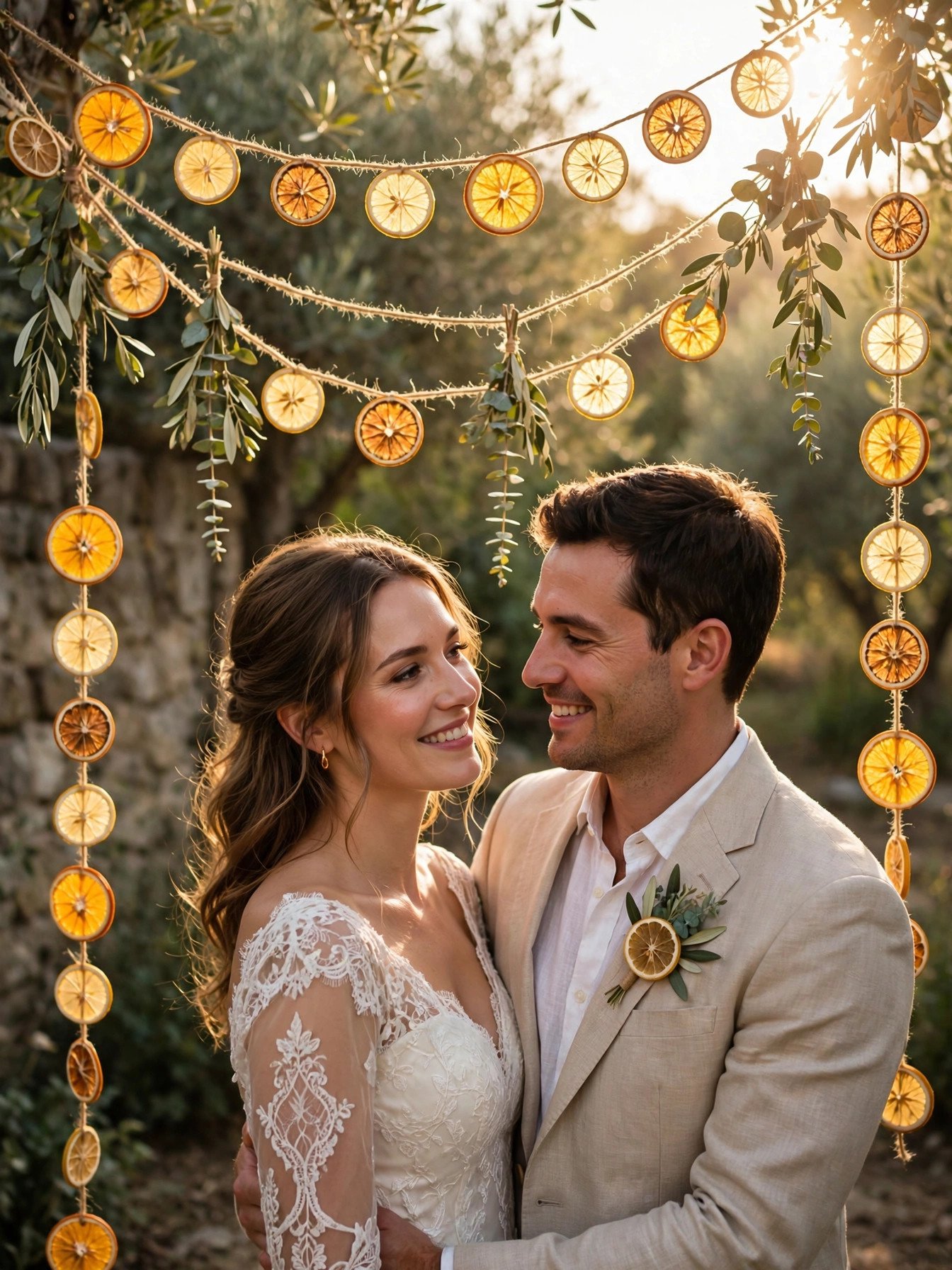 Dried citrus slice garlands hanging as decoration at a bridal shower