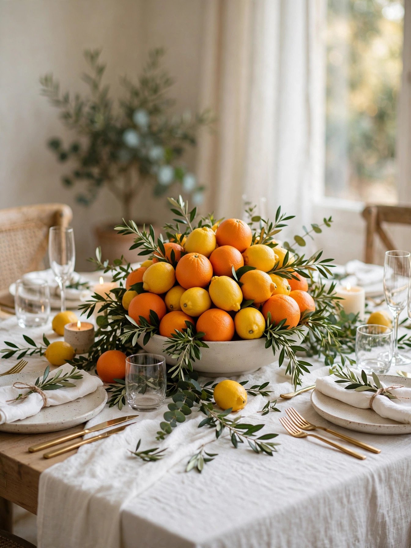 Orange and yellow bridal shower tablescape with citrus fruit centerpieces