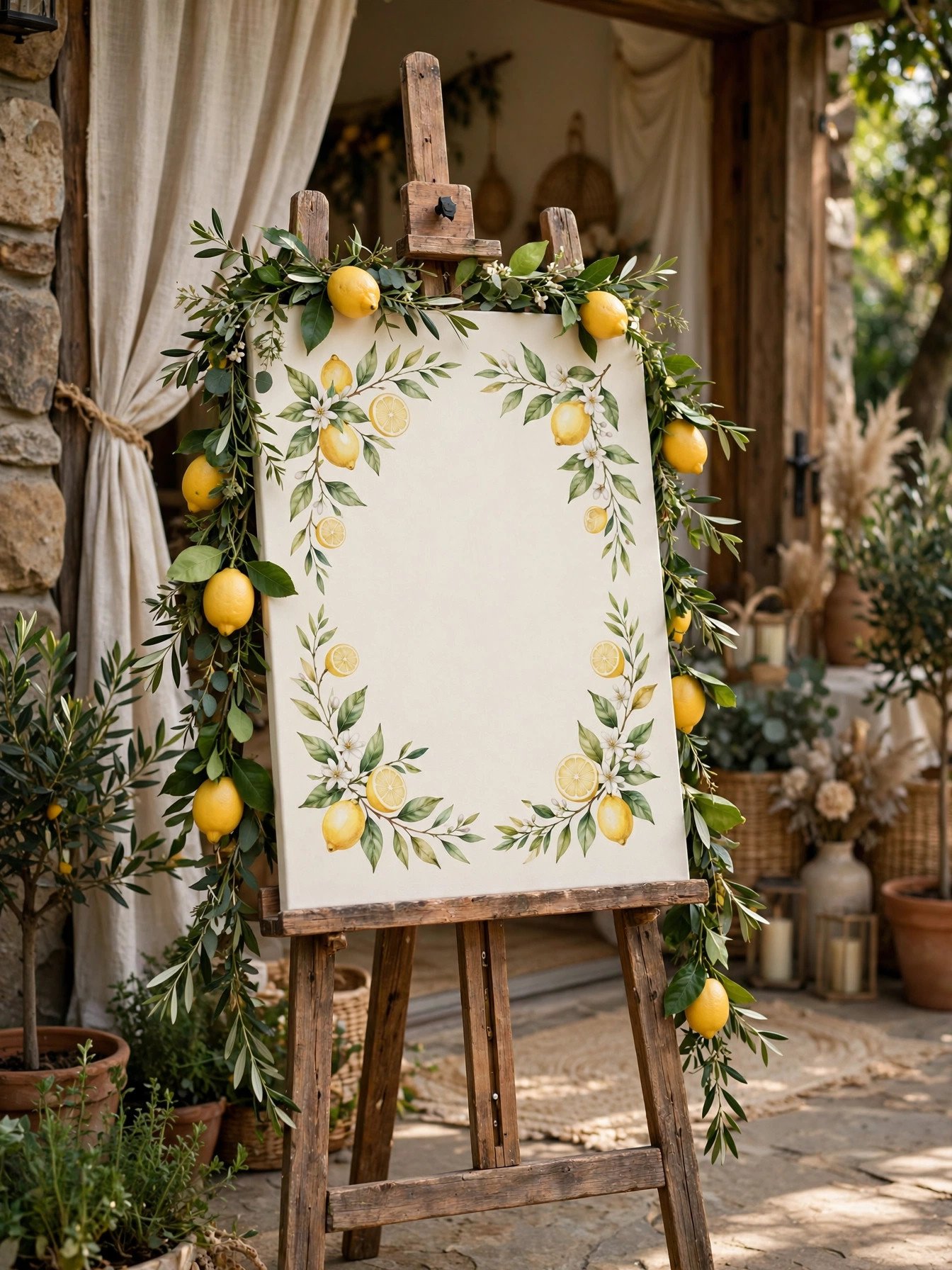 Calligraphy welcome sign on an easel at a citrus-themed bridal shower entrance